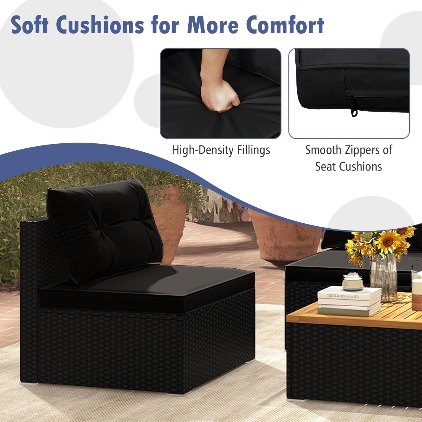 Tangkula 5 Pieces Wicker Patio Furniture Set, Outdoor 4 Armless Rattan Sofa & Coffee Table Set, with Cushions, Acacia Wood Tabletop, Sectional Patio Conversation Set for Lawn, Yard, Poolside, Black