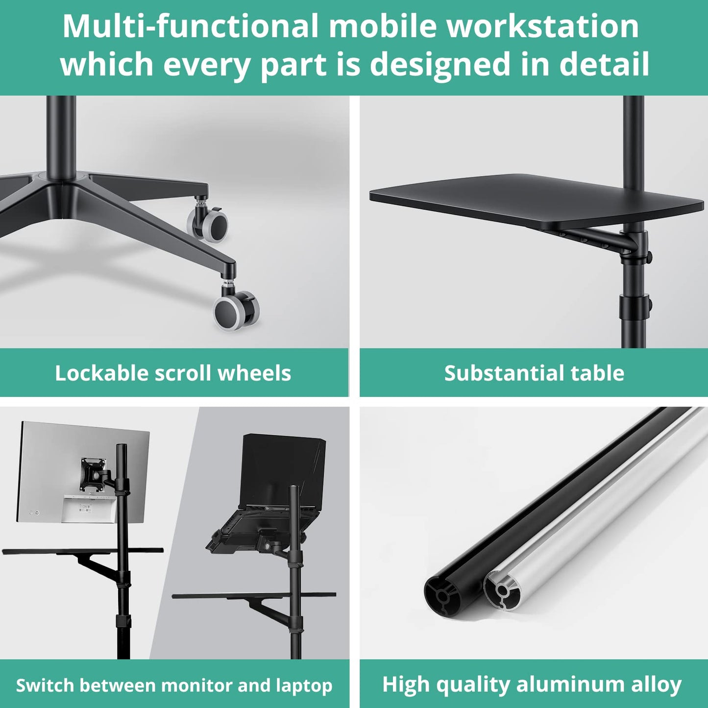 Viozon Mobile Desk,Mobile Workstation,Mulitiuse Rolling Laptop Floor Stand,34"-48.6" Height Adjustable,Compatible with 17"-27" Monitor&12"-17" Laptop,21"×14" Desk,Maxload 17.6lbs,4 Lockable Wheels B