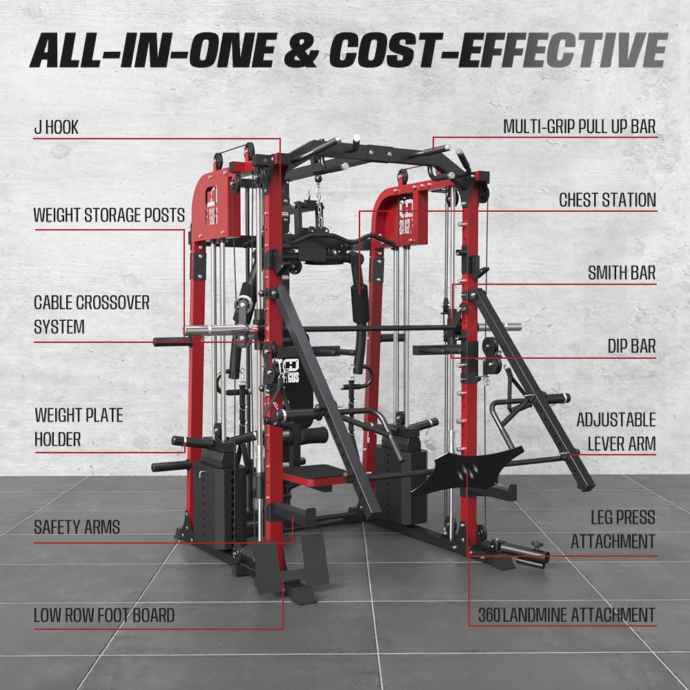 smithmachine with Weight Bench Combo, Home Gym with Dual Weight Stacks, 4000LBS Power Cage Squat Rack with Lever Arm, Leg Press, LAT Pull Down, Cable Crossover Machine for Full Body Training, Red