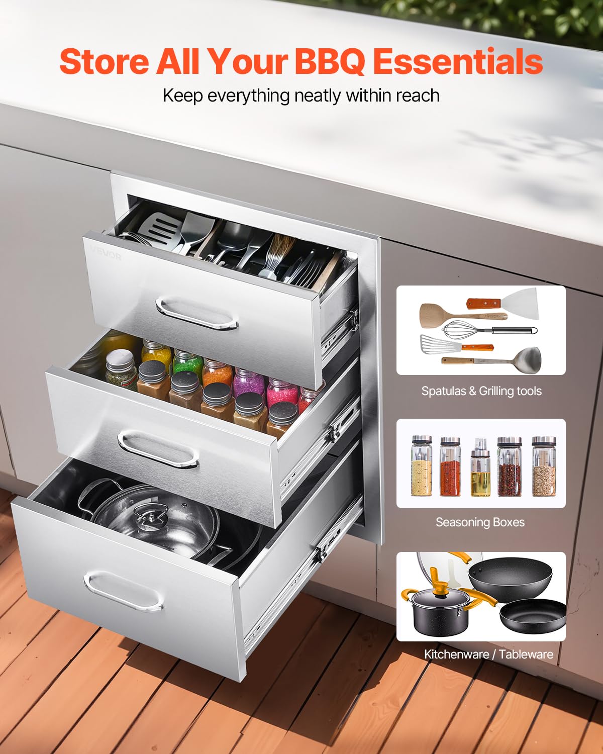 VEVOR Outdoor Kitchen Cabinets 18.11"W x 23.23"D x 23.23"H, Triple-Access Stainless Steel BBQ Drawers with Handles, BBQ Island Drawer for Outdoor Kitchens, Barbeque Island Patio Grill Station