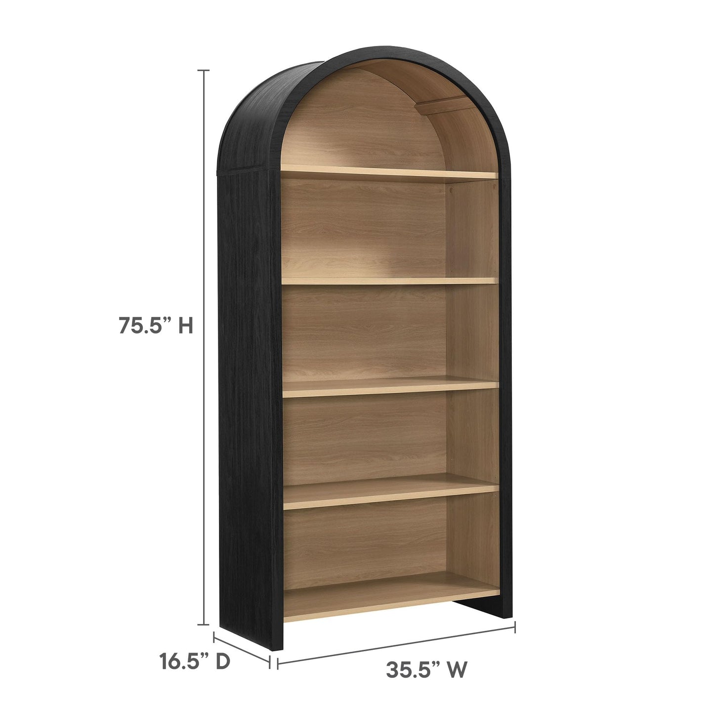 Modway Evie Modern Arched Wide Bookcase in Black - 76 Inch Open Shelf Display Cabinet - Stylish 5-Tier Bookshelf for Living Room, Dining Room, or Home Office