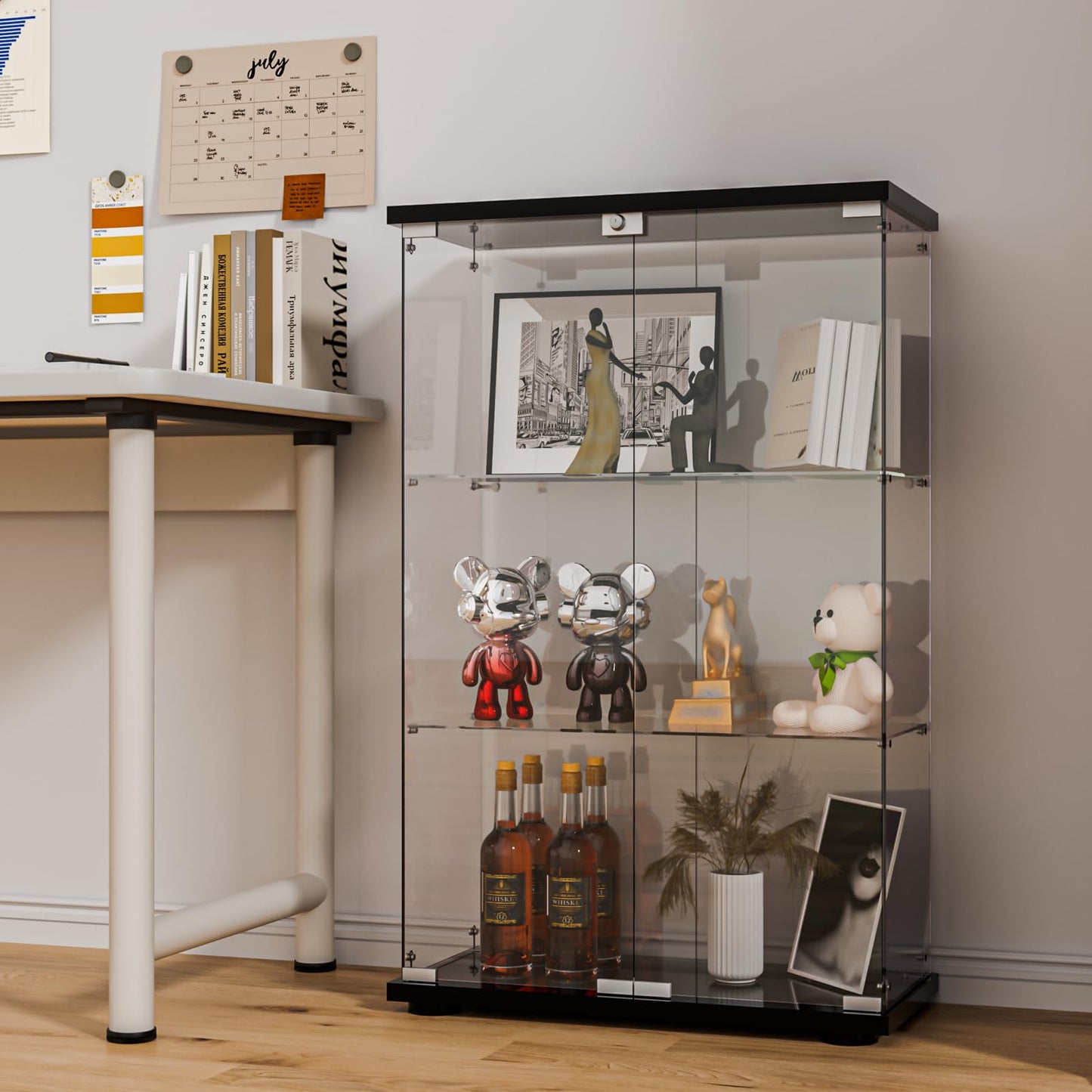 FANYUSHOW Glass Display Cabinet, 2-Door Curio Cabinet with Lock and Glass Shelves, Black Display Case for Collectibles, Lego, Figures, Books, Wine and Home Decor