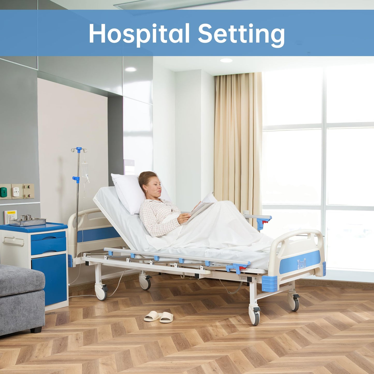 Real Relax Premium 2 Function Full Electric Hospital Bed, ICU Electric Medical Bed with 4 inch Foam Mattress & IV Pole, Dining Table Board and 5 inch Locking Casters, 530LBS Loading.
