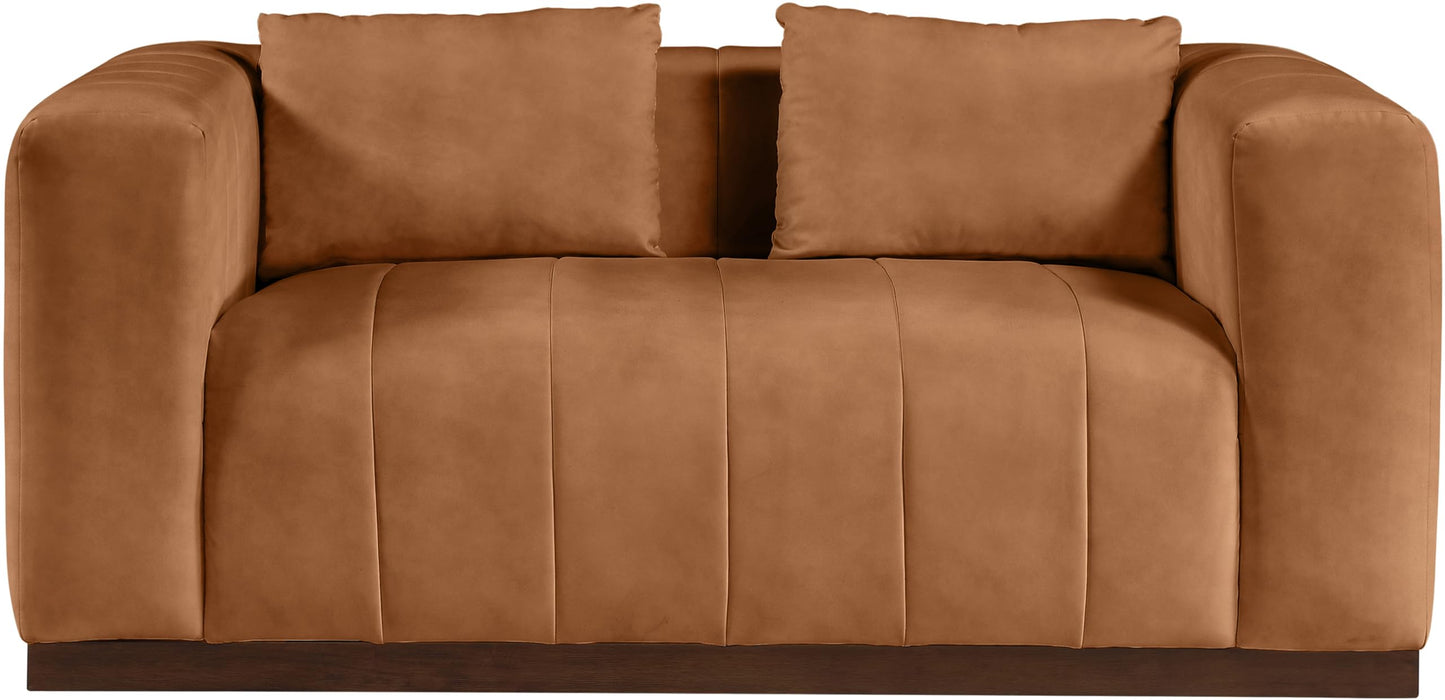 Meridian Furniture 44098Cognac-L Mallina Collection Modern | Contemporary Loveseat with Soft Cognac Vegan Leather, Walnut Finish Solid Wood Base, Deep Channel Tufting, 67" W x 36" D x 28.5" H, Cognac