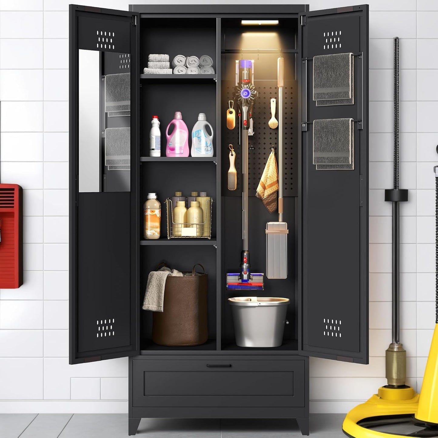 YITAHOME 71" Metal Garage Broom Cabinets with Adjustable Shelves, Vacuum Storage Cabinet with Doors and Drawer, Tool Storage Cabinet for Gym, Basement, Warehouse, Black, Metal
