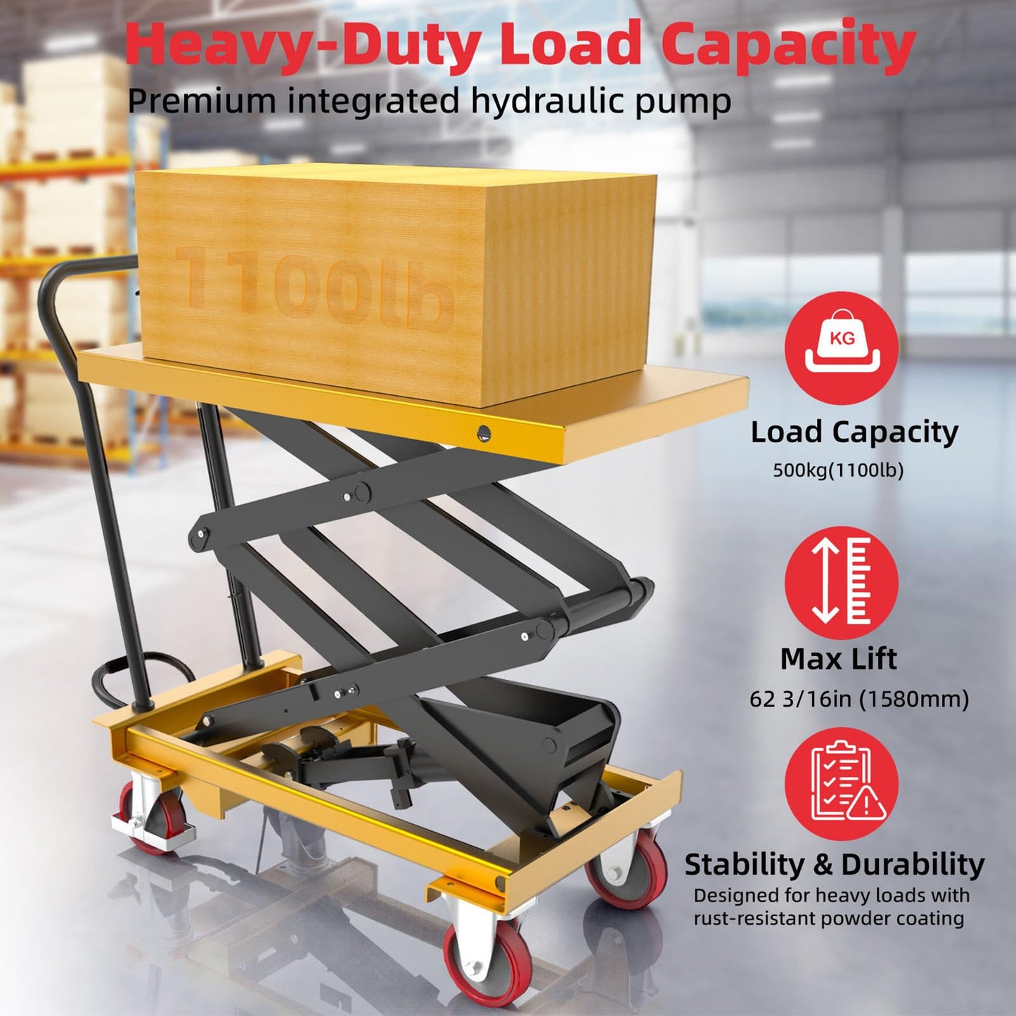 ZKH Hydraulic Lift Cart, 1100lb Capacity, 63" Max Lifting Height, Single Scissors Lift Table with Locking Wheels and Overload Bar for Safe Operations, Ideal for Material Handling and Freight Lifting