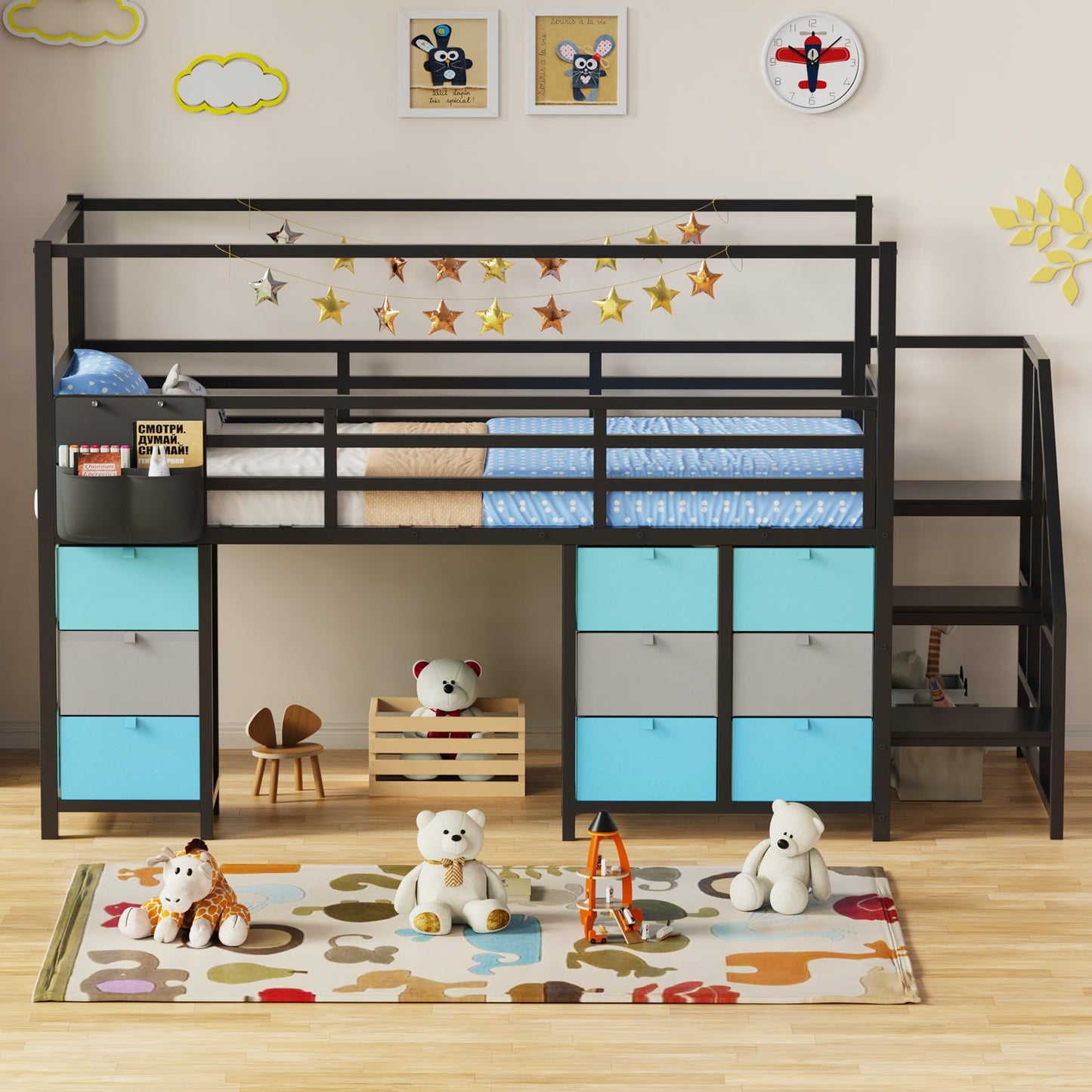Zerduos Low Loft Bed Full Size with 9 Storage Drawers, Full Loft Bed with Stairs,Bedside Storage, Metal Full Loft Bed for Kids with 11.8" &22.5" H Safety Guardrail, Under-Bed Play Space
