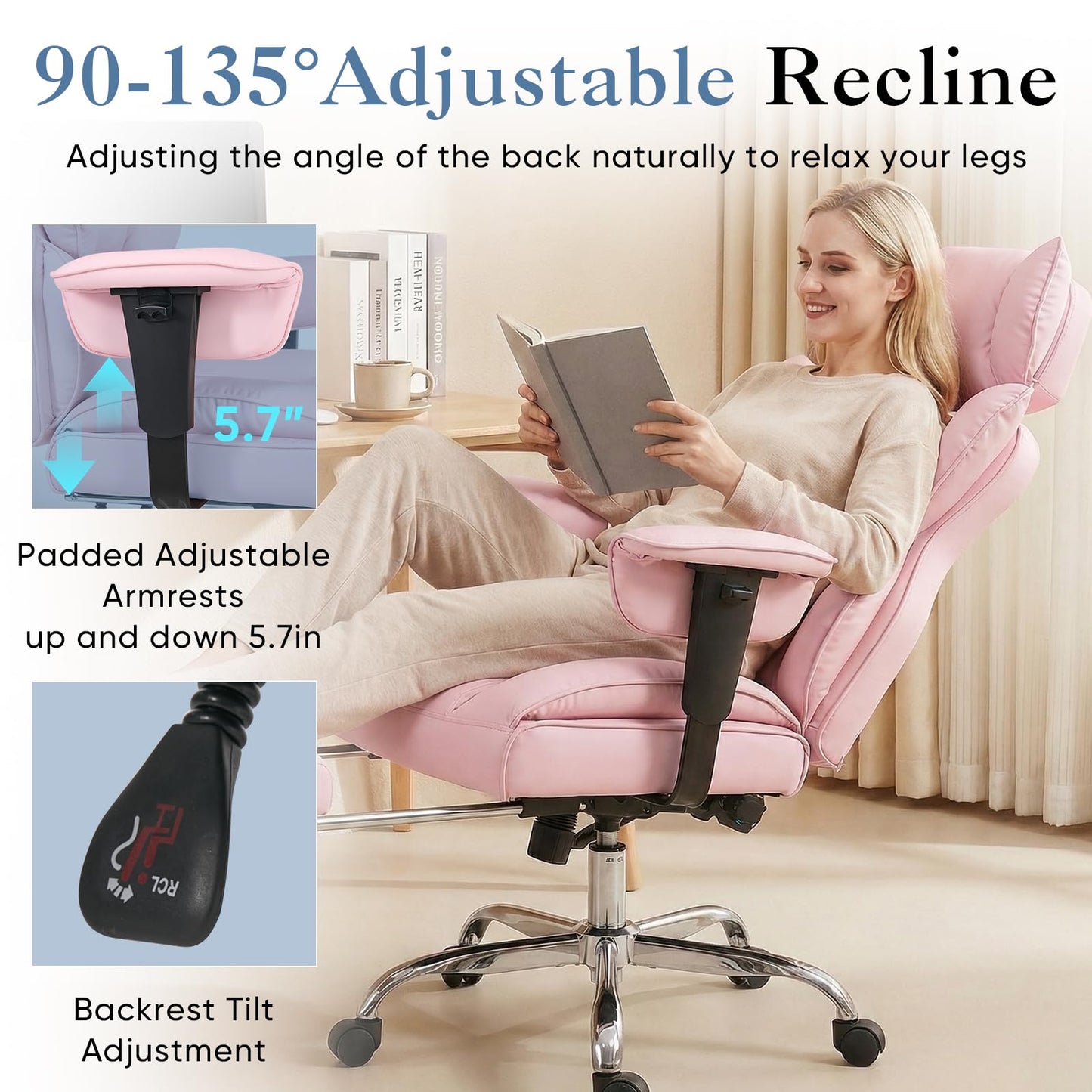 DUMOS Big and Tall Home Office Desk Chair, Gaming Computer Chair, Executive Ergonomic Chair with Footrest, High Back Reclining, Adjustable Armrests and Comfy Lumbar Support, PU Leather, Pink