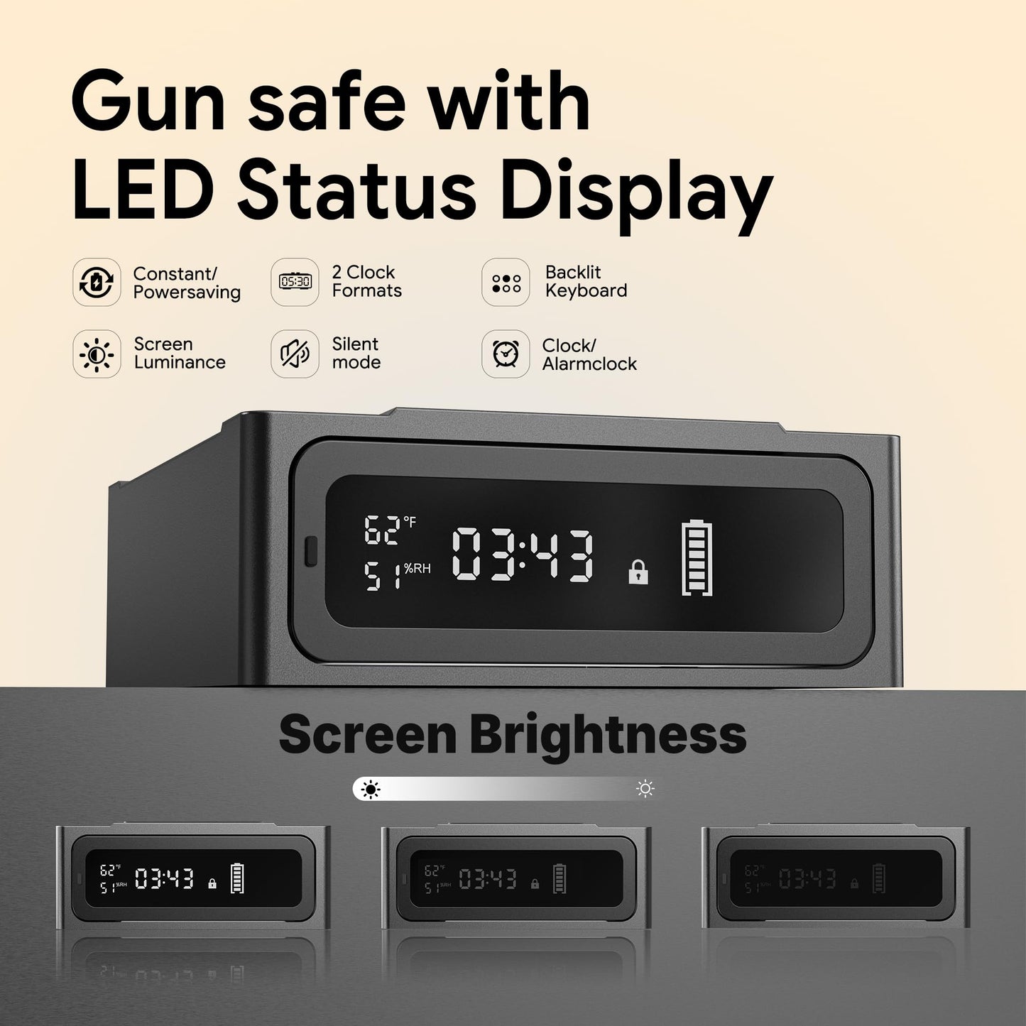 ORARAER Bedside Gun Safe with Wireless Charging - Biometric Safe with Fast Fingerprint, Backup Key & USB-C Emergency Unlock, Alarm Clock & Humidity Display, Bolt Down for Home Security