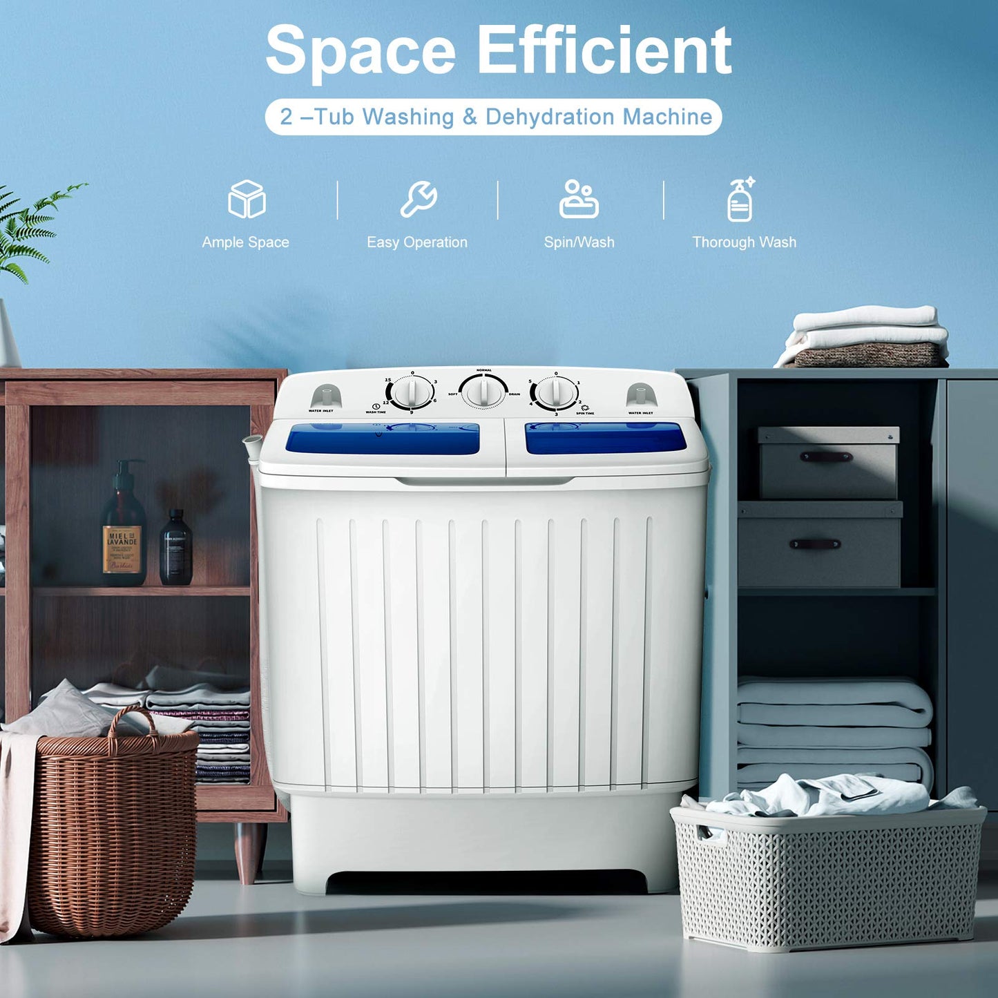 Giantex Portable Washing Machine, 20lbs Capacity, Twin Tub 2lbs Washer & 8lbs Spinner Combo, Compact for Apartment RV Dorms, Blue & White, GT24267-PE