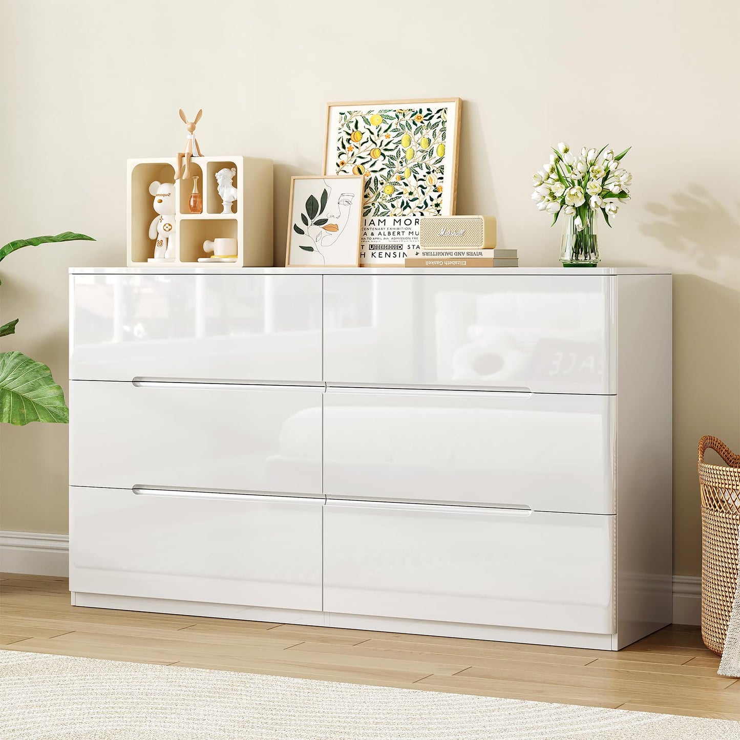 ZORPLIX White Wood Dresser, 6 Drawer Dressers for Clothes Storage for Bedroom, Modern Dresser with Wide Drawers, Wide Wooden Chest Drawers for Living Room, Entryway, TV Stand