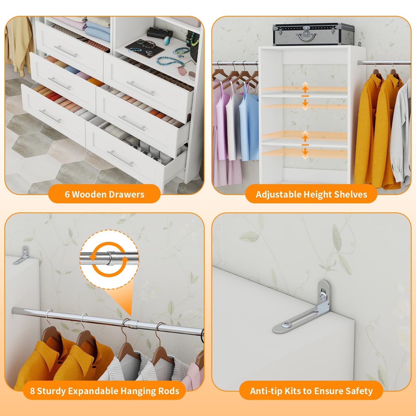 Secilix Closet System with 6 Drawers, 6FT-15FT Wooden Closet Organizer System with 8 Expandable Hanging Rods and Shelves, Closet Shelving System for Walk in Closet for Bedroom,Wall Mount, White 2 Sets