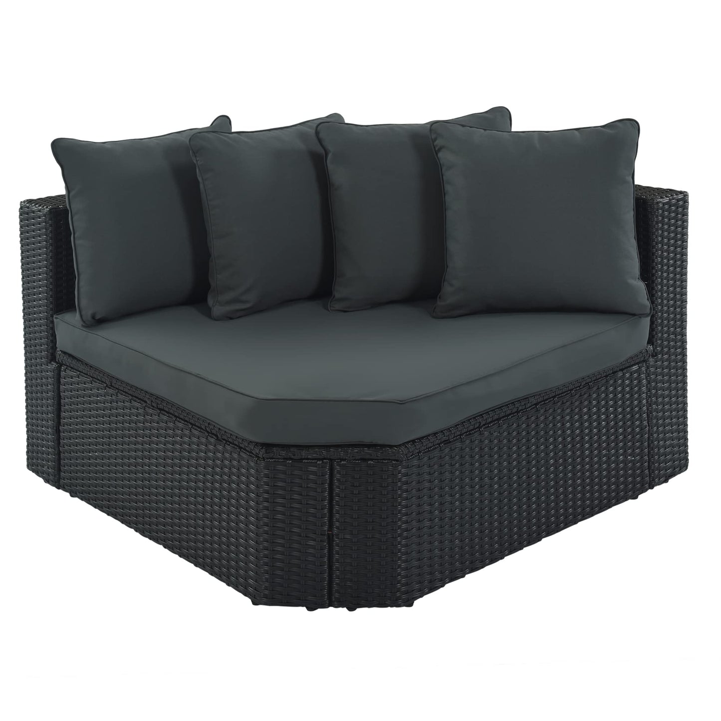 Merax 7-Piece Outdoor Wicker Sectional Sofa Set,Modular Rattan Conversation Set with Gray Cushions,Striped Green Pillows & Tempered Glass Coffee Table for Patio,Garden,Deck,Black