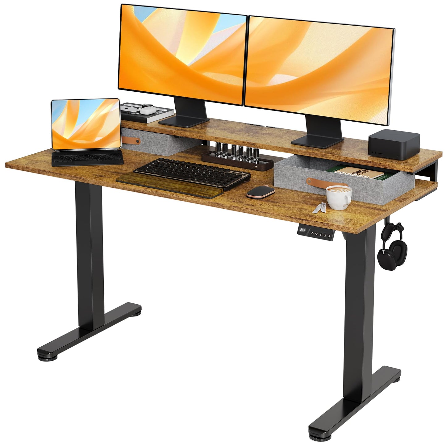 Seang Electric Standing Desk with 2 Drawers, Adjustable Standing Desk with Storage Shelf, Height Adjustable Stand up Desk for Home Office with 3 Presets & 2 Hooks, 55 Inch, Rustic Brown