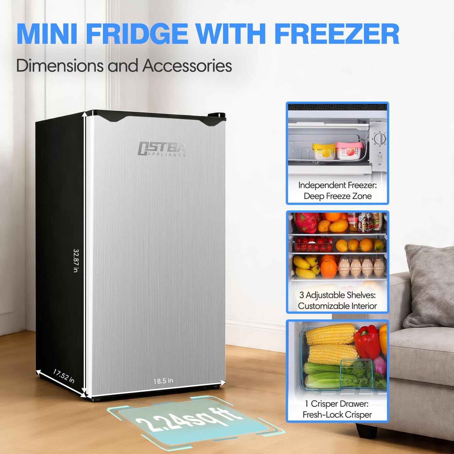 OSTBA 3.2 Cu.Ft Mini Fridge with Freezer, Small Refrigerator with Adjustable Thermostat, 3 Glass Shelves, Crisper Drawer, Low Noise Compact Fridge for Bedroom, Office, Dorm, RV, Single Door, Sliver