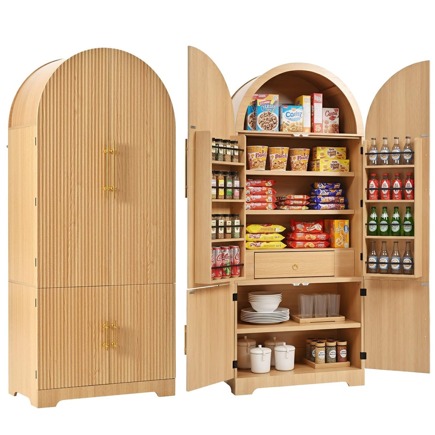 Merax 72" Tall Arched Cabinet Kitchen Pantry with 4 Doors, Fluted Storage Cabinets with 3 Adjustable Shelves & 1 Hidden Drawer & 8 Door Shelves, Versatile Cupboard for Kitchen, Dining Room, Natural