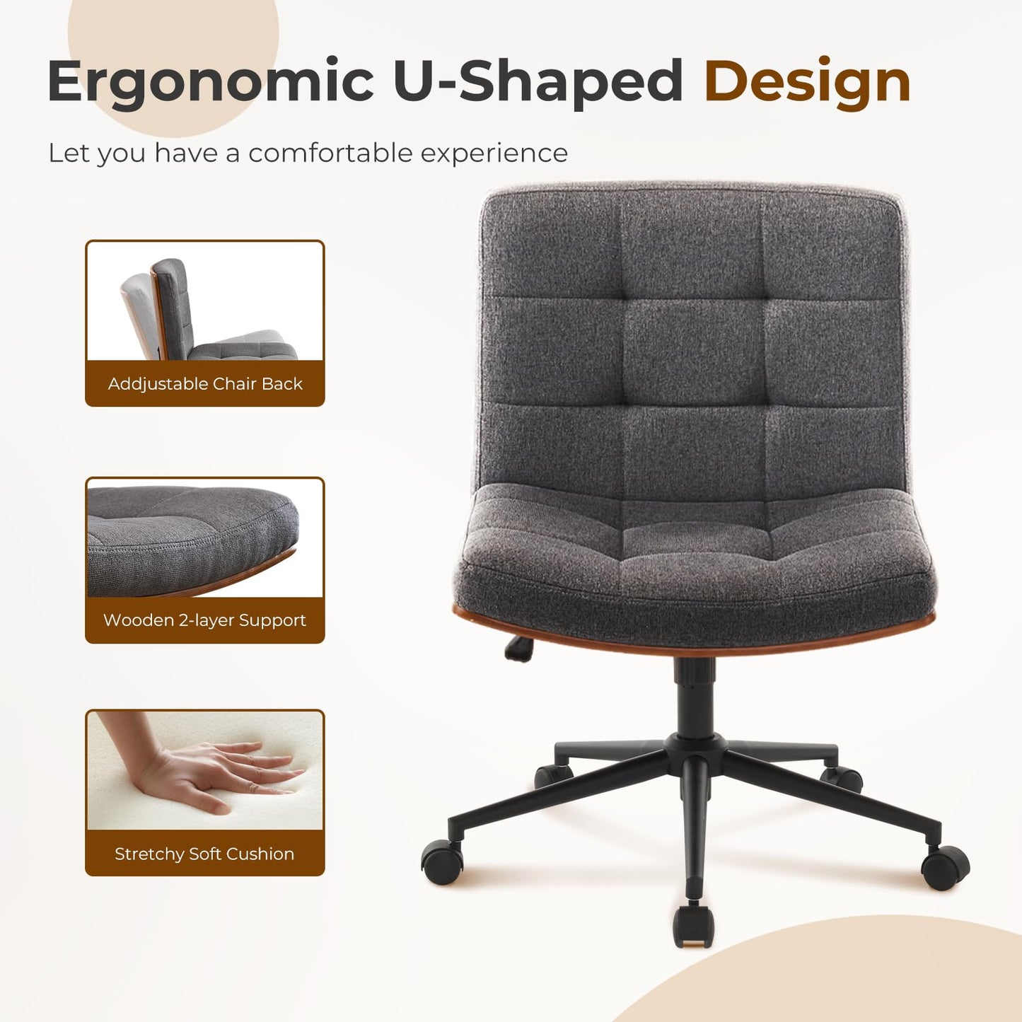 Furnimart Heavy-Duty FSC Wooden Wide Desk Chair, 360° Swivel Criss Cross Office Chair with Wheels, Comfy Cross Legged Sitting, Armless Rolling Chair for Bedroom, Office, Vanity(Linen Gray)