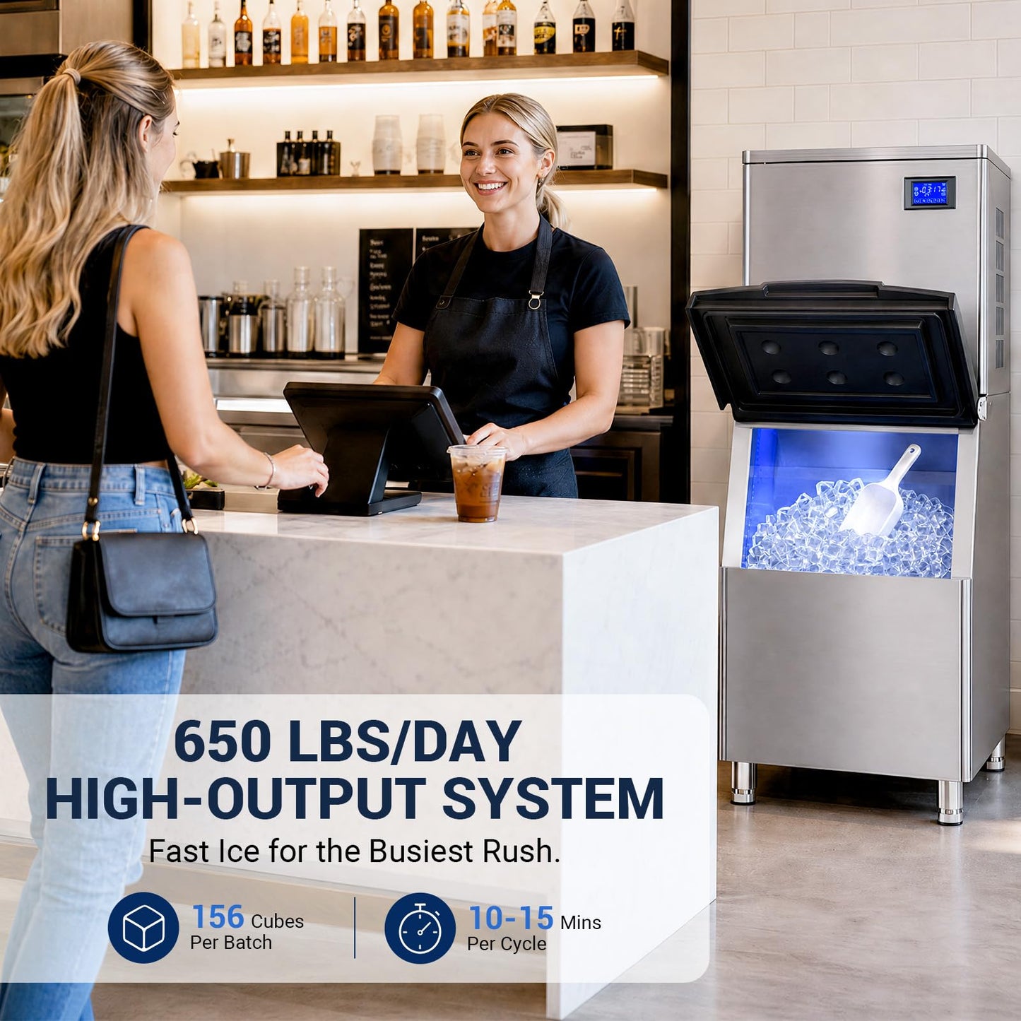 Commercial Ice Maker Machine, 650Lbs/24H Ice Machine with 500LBS Large Storage Bin, ETL Approval, Auto Cleaning Mode & Timing Function, Air Cooled Commercial Ice Maker for Restaurant/Bar/Cafe/Business