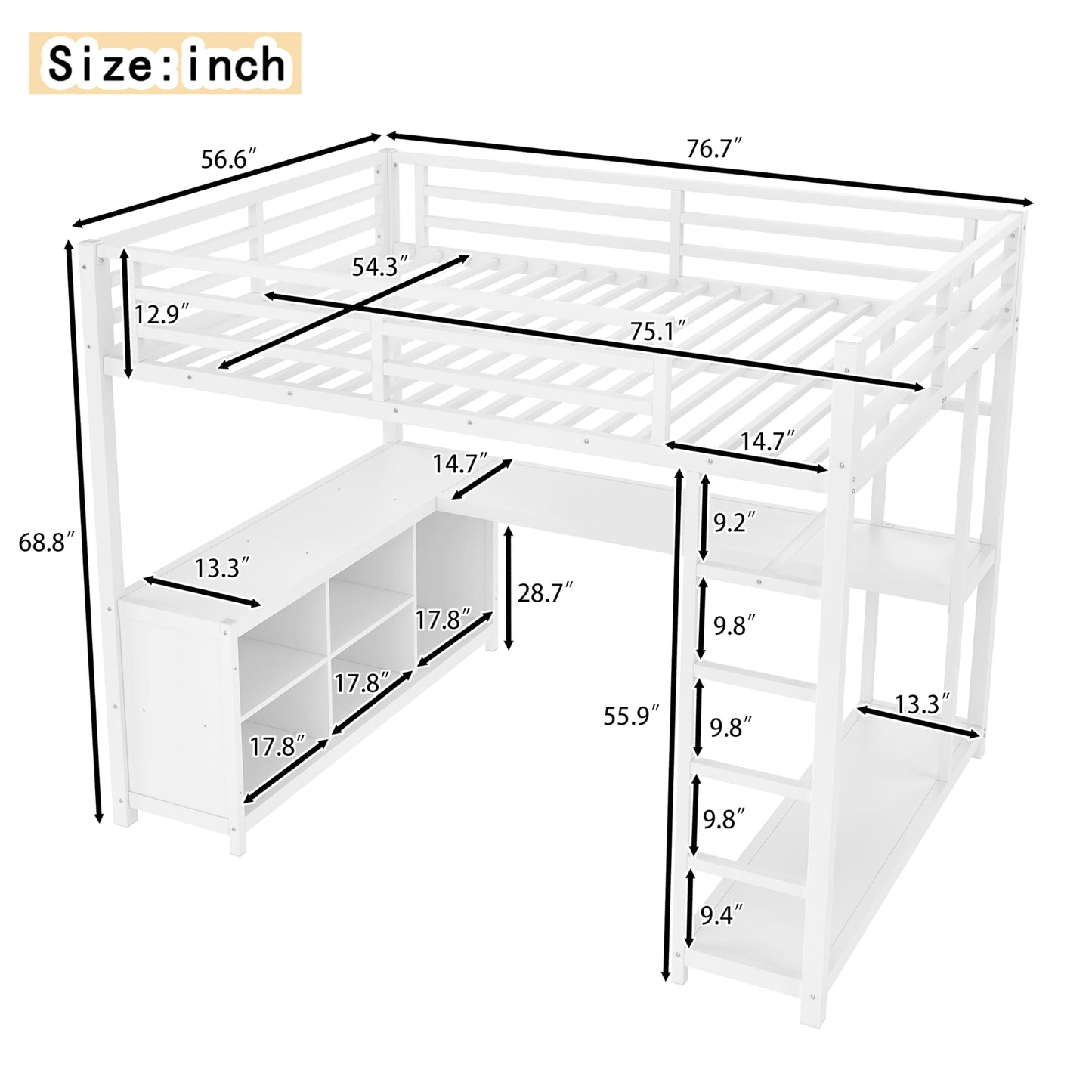 Bellemave Full Size Loft Bed with Desk & Wardrobe, All-in-One Metal Loft Beds Frame with Storage, Space Saving Loft Bed Full Size for Teen, Adult, Apartment, Dorm, White