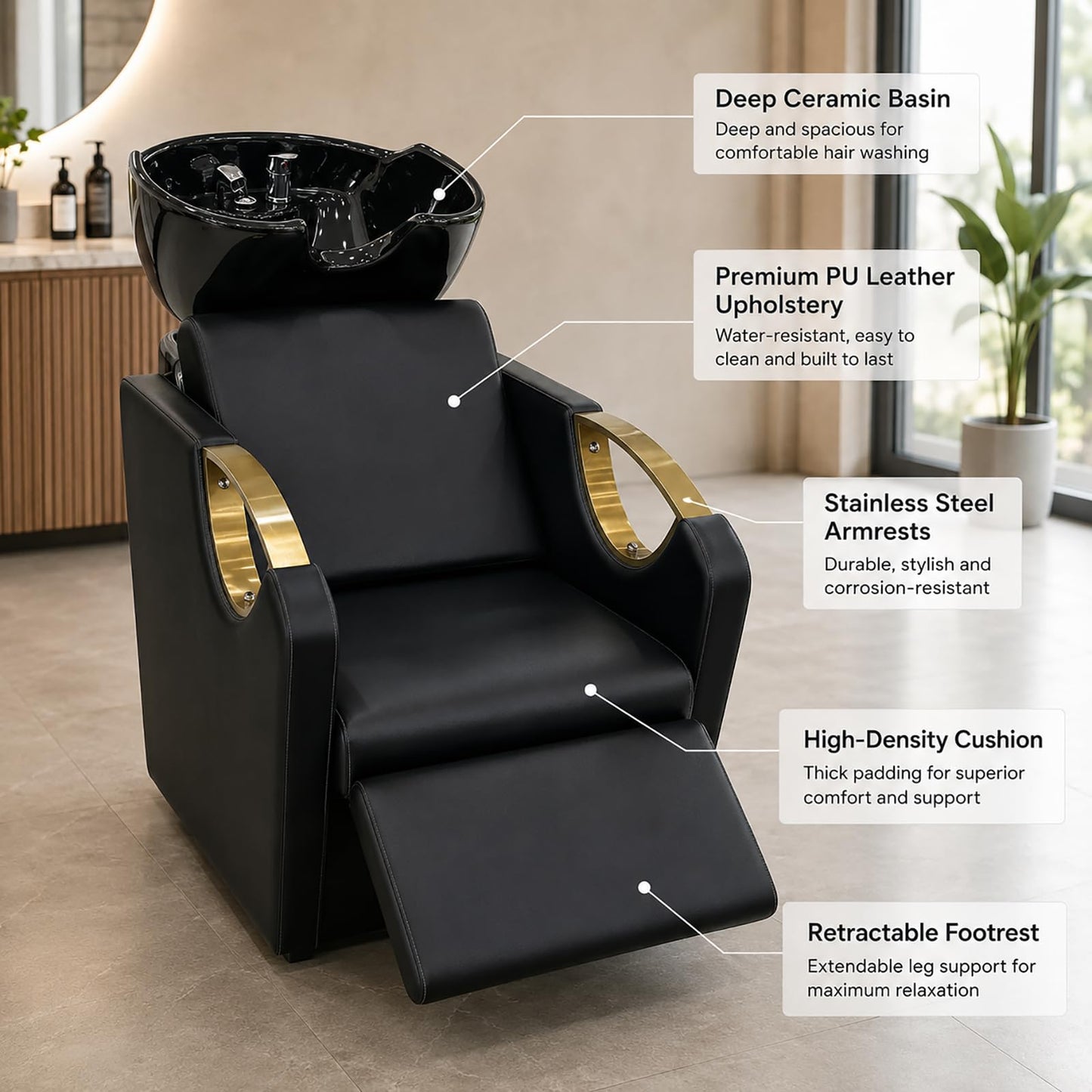 Shampoo Bowl and Chair Set, Adjustable Ceramic Backwash Unit with PU Leather Chair and Stainless Steel Armrests for Barber Shop
