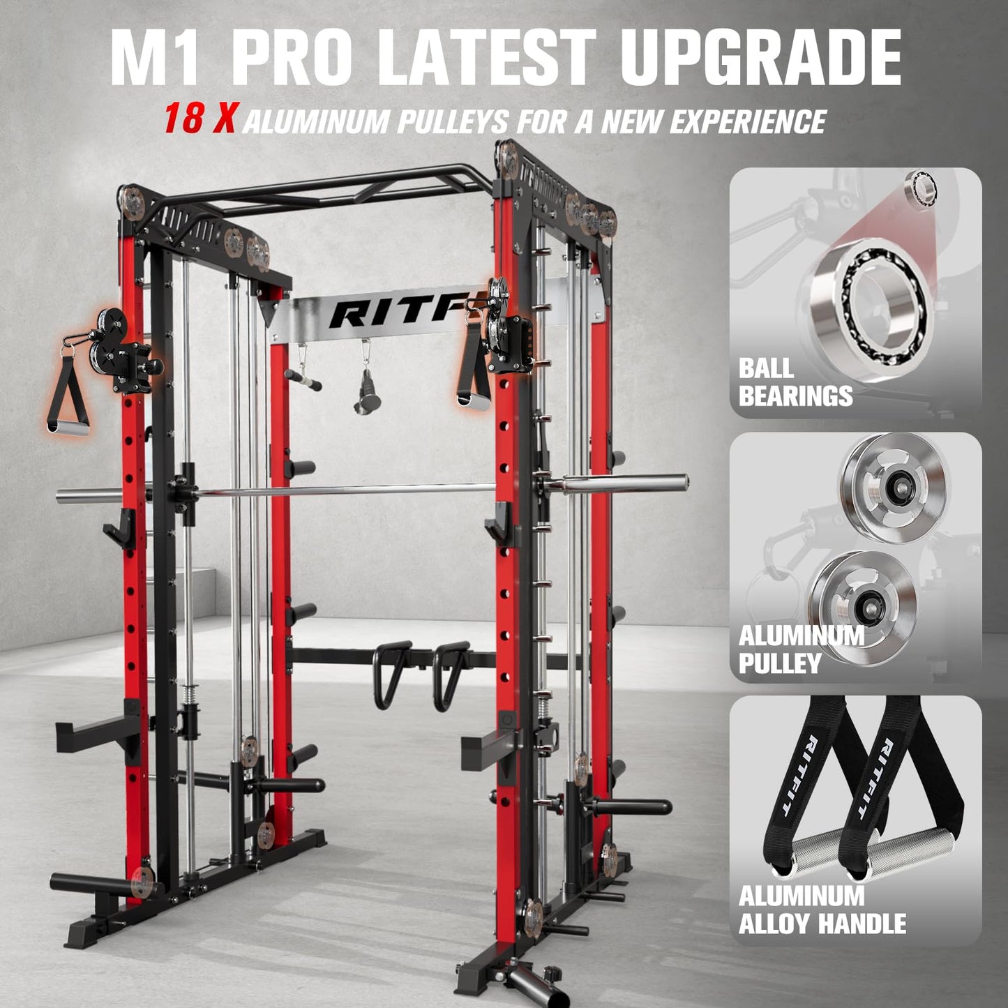 RitFit M1 Pro SmithMachine with Cable Crossover System, Multi-Function Squat Rack Power Cage for Home Gym, Power Rack and Packages Red（bp260 Package）