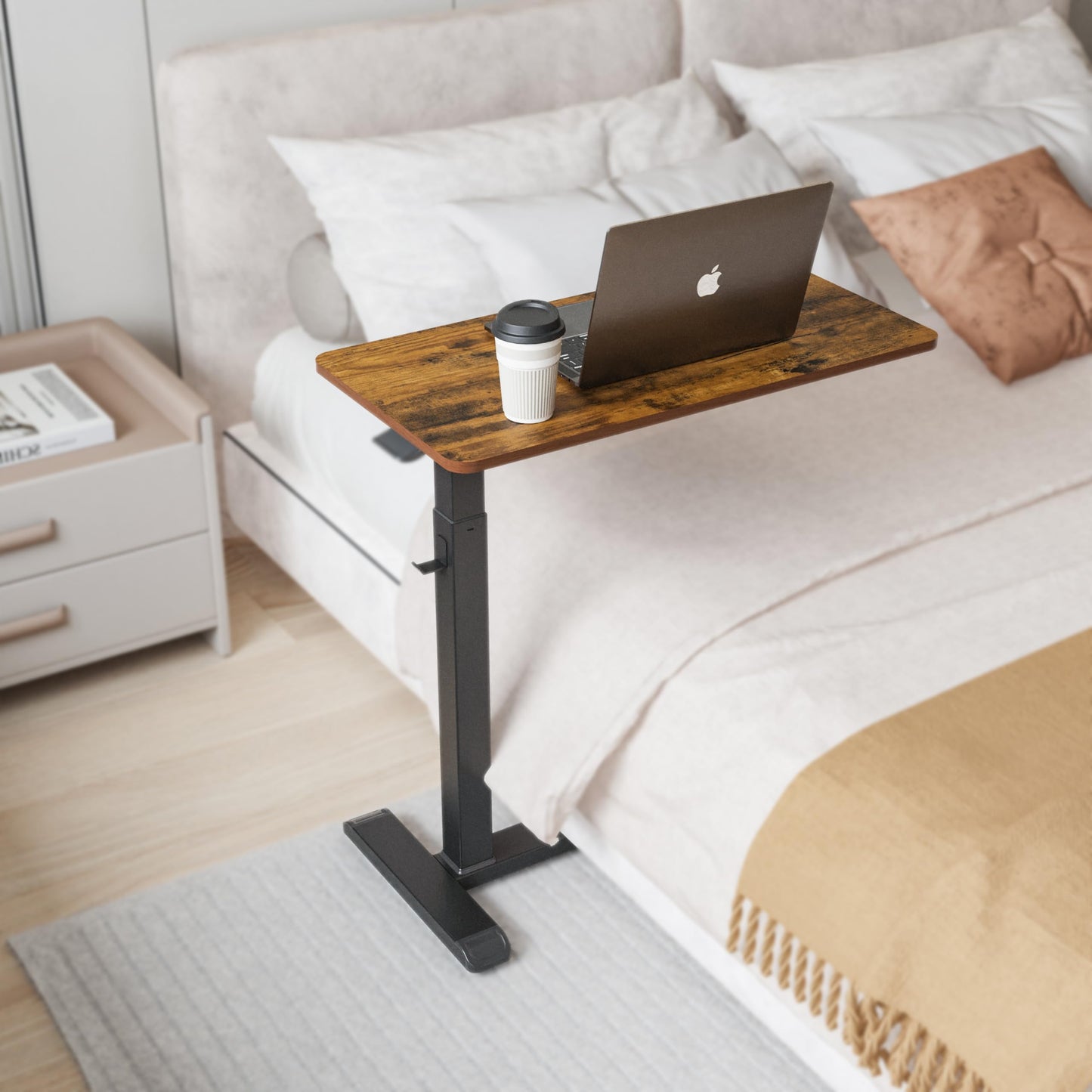 ETHU Overbed Table with Wheels, Upgrade Medical Table with Drawer, Hospital Bed Table, Workstation Desk, Adjustable Overbed Bedside Rolling Laptop Desk(Walnut)