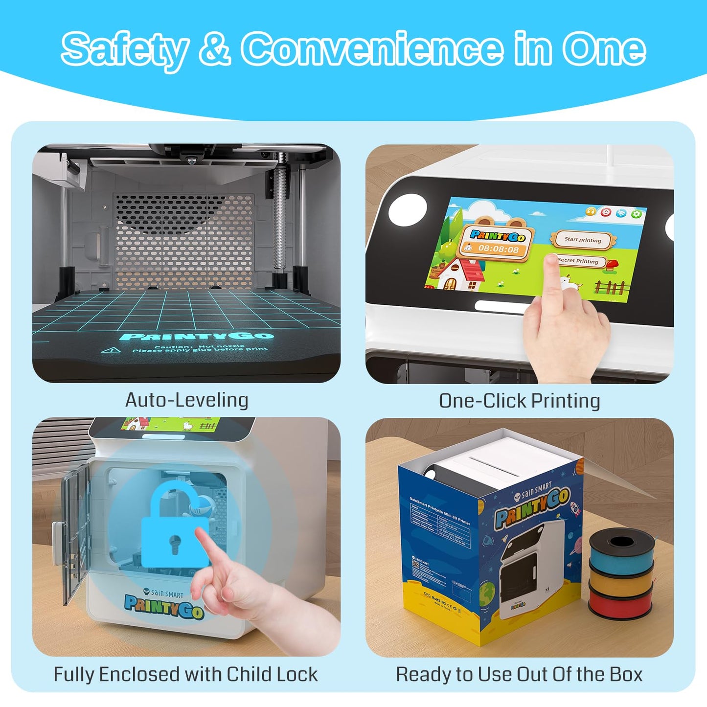 SainSmart PrintyGo 3D Printer for Kids, 600mm/s Auto Leveling Printer for Beginners with 5" Touch Screen, 1500+ Models, Child-Safe Design, Wi-Fi/App Control, Pre-Assembled for STEM Learning Gift