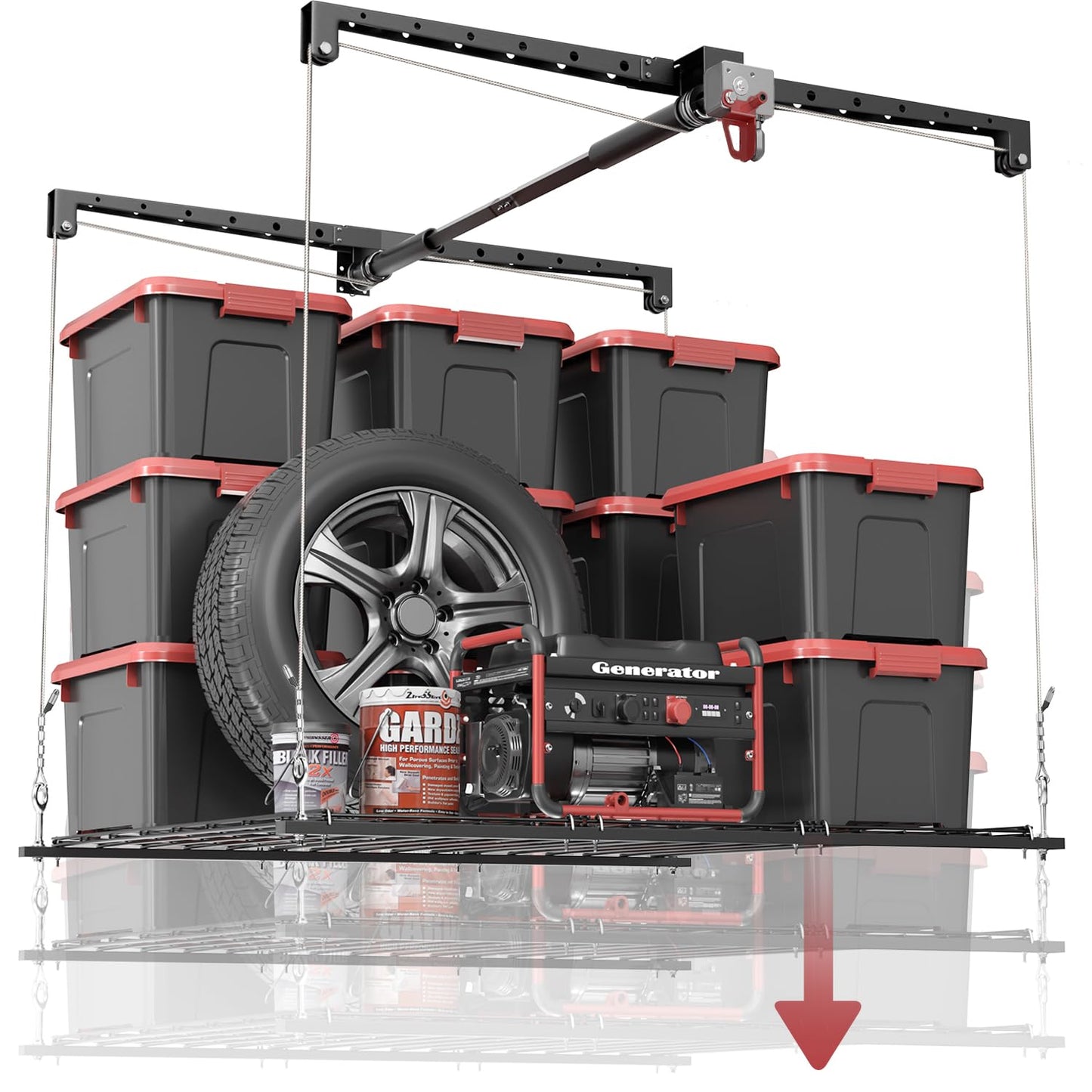 Overhead Garage Storage Rack for 10–12 FT Ceiling, Heavy-duty 4x4 FT Ceiling Storage Racks with Safety Lock, Ideal for Garage Storage Mounted Lift System and Storage Organizer, 250lbs Capacity