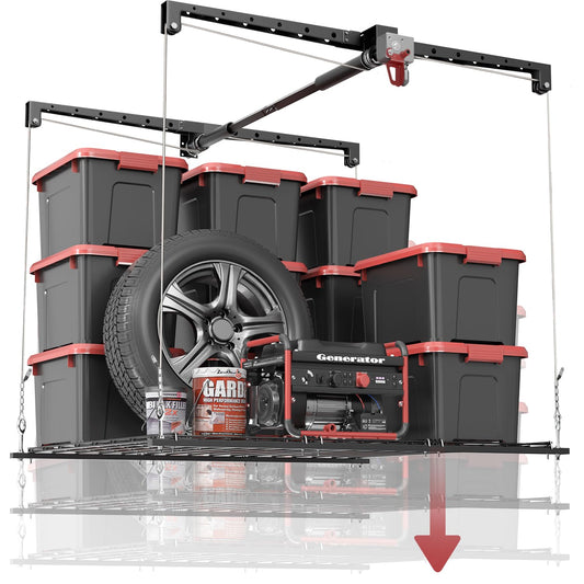 Overhead Garage Storage Rack for 10–12 FT Ceiling, Heavy-duty 4x4 FT Ceiling Storage Racks with Safety Lock, Ideal for Garage Storage Mounted Lift System and Storage Organizer, 250lbs Capacity