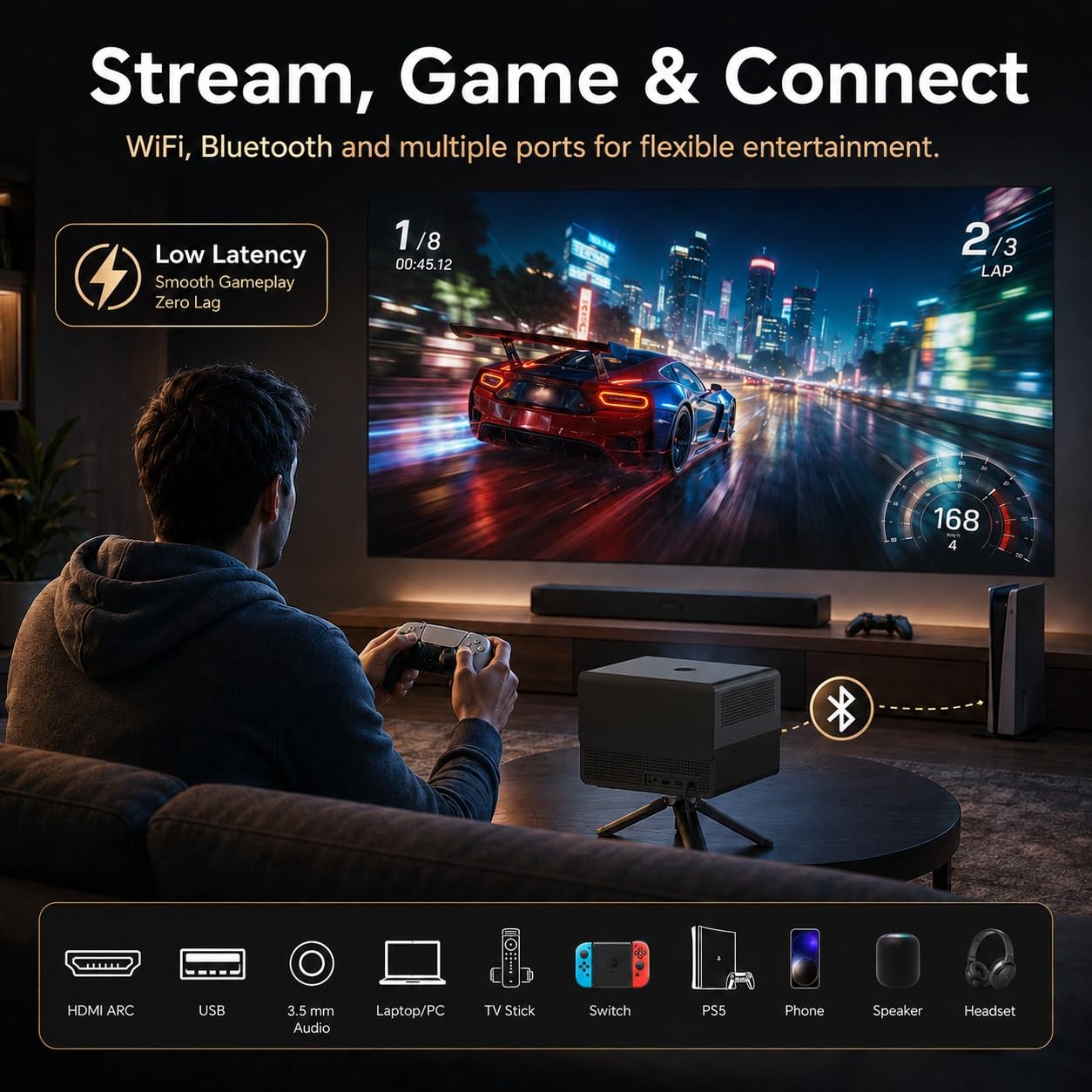 Ecosky 3500 ANSI Lumens Licensed Google TV Projector, Native 1080P 4K Supported Smart Projector with Auto Focus, Keystone, WiFi Bluetooth for Bedroom Home Theater Outdoor Movies