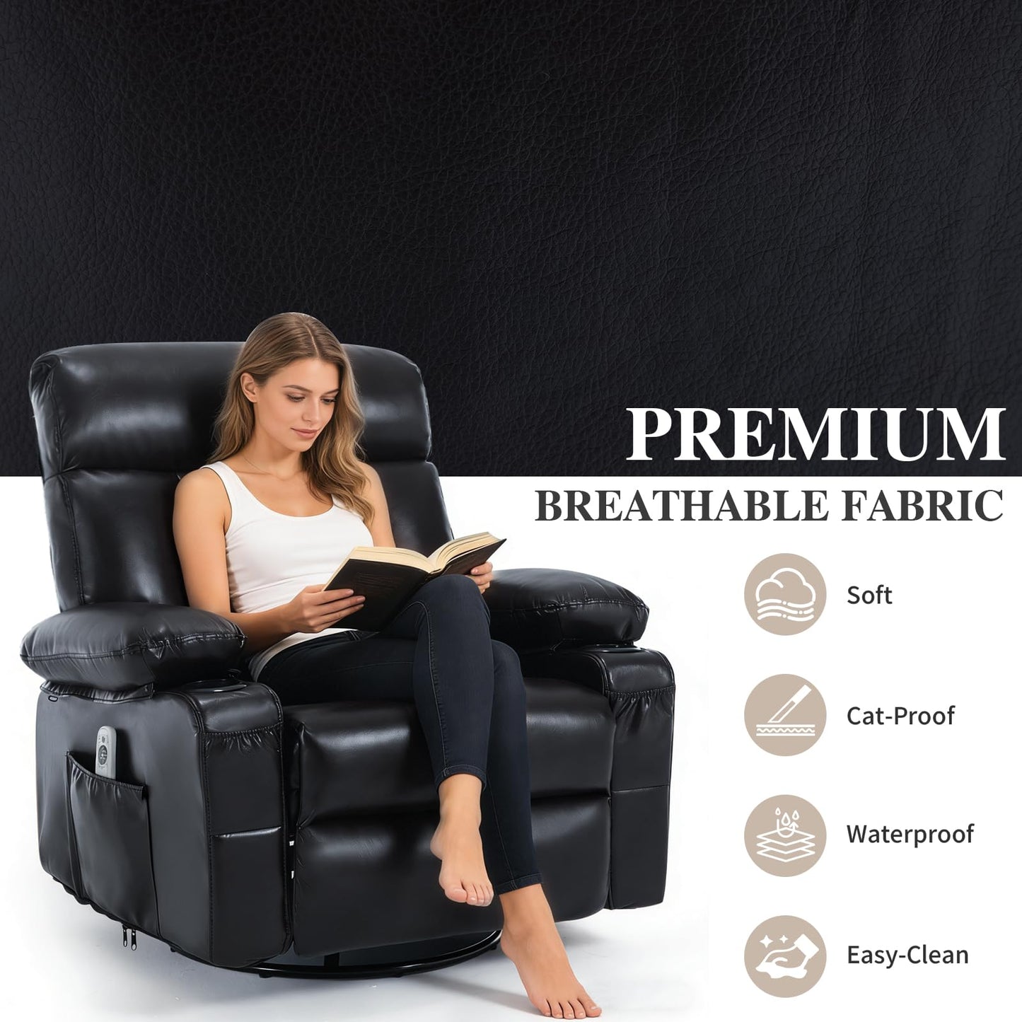 Comermax Rocker Recliner Chair with Heat and Massage, Wide Seat Heated Massaging Reclining Chair, Faux Leather Manual Swivel Rocking Recliners with Cup Holder, Black