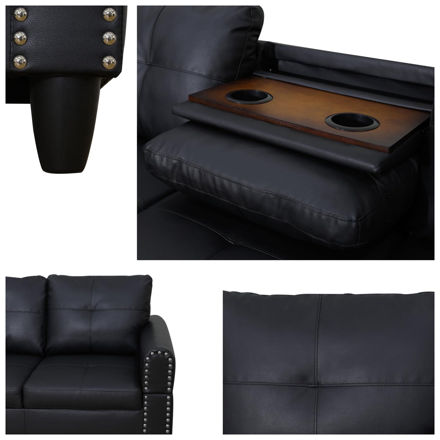 Trygoal Leather Sectional Sofa with Movable Chaise & Storage Ottoman, 3-Piece Modular Convertible L-Shaped Couches for Living Room, Apartment & Office, Black