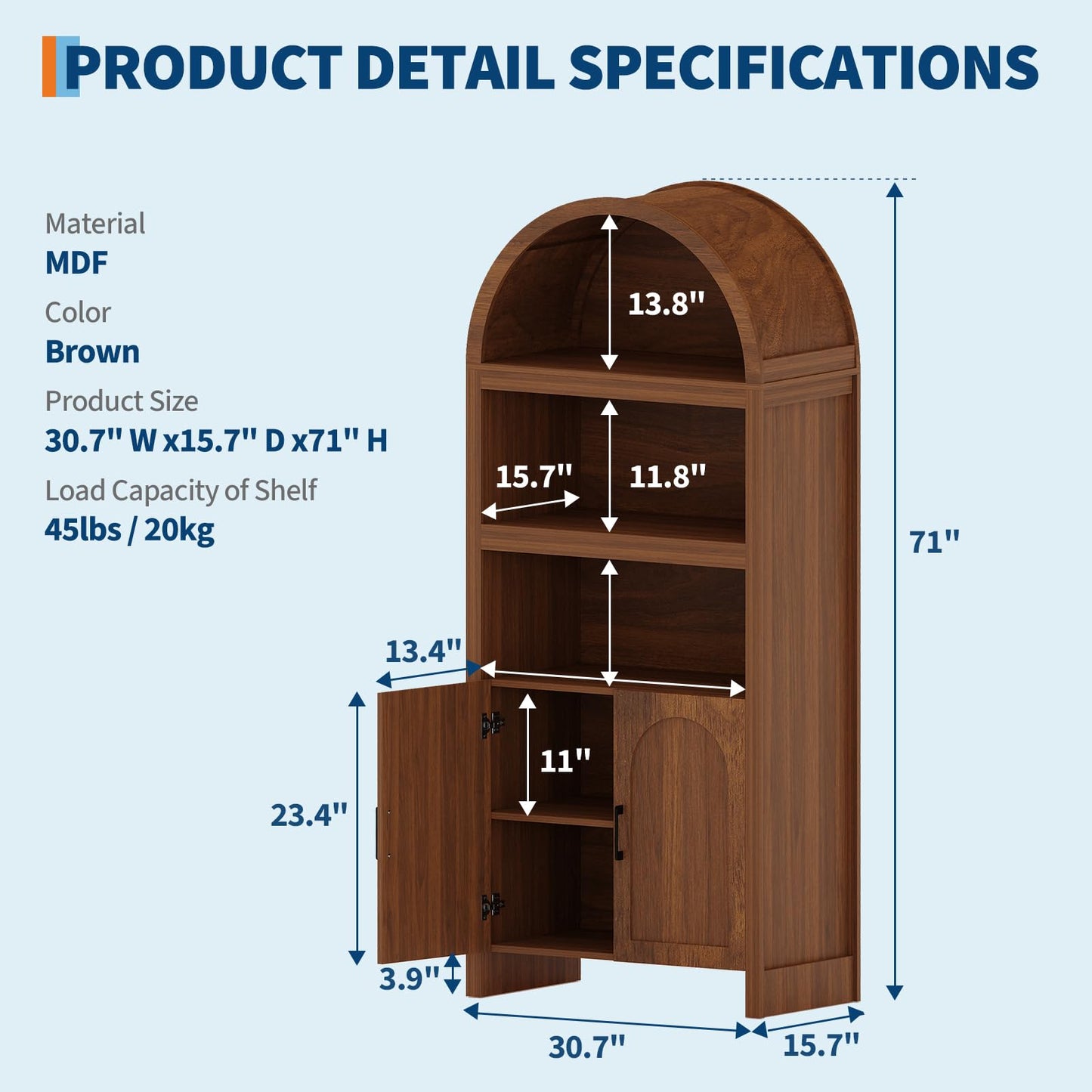 IDEALHOUSE 71" Tall Bookshelf Arched Cabinet with Storage, Mid-Century Bookcase Modern Wooden Kitchen Pantry Display Storage Cabinet with Open Adjustable Shelves for Living Room Home Office