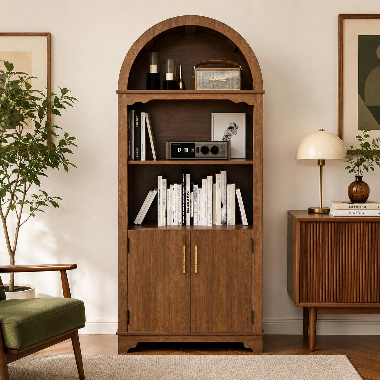 Trygoal 71'' Tall Arched Cabinet with Fluted Doors, Kitchen Pantry Farmhouse Cabinet with Open Display Shelves, Mid Century Modern Arched Bookcase for Living Room Dining Room Office Entryway, Walnut