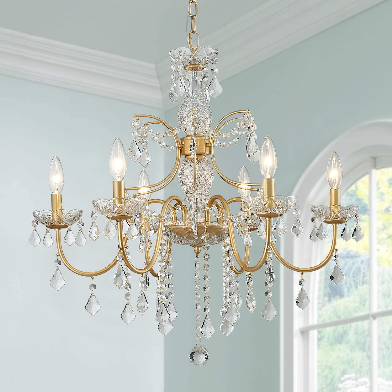 Bestier Crystal Candle Candelabra Chandelier 6 Light Pendant Light 26in Diameter x 26in Height Gold Finish Model AK-AJ-18174
