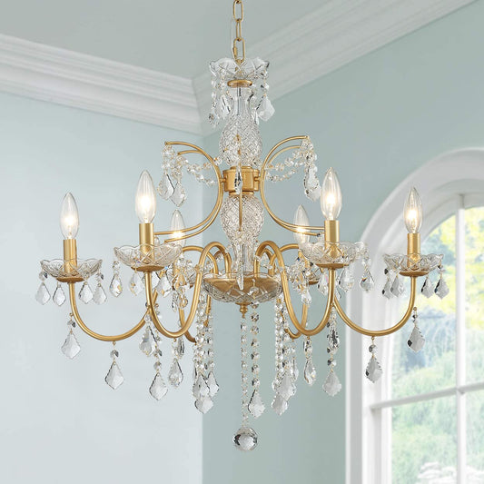 Bestier Crystal Candle Candelabra Chandelier 6 Light Pendant Light 26in Diameter x 26in Height Gold Finish Model AK-AJ-18174
