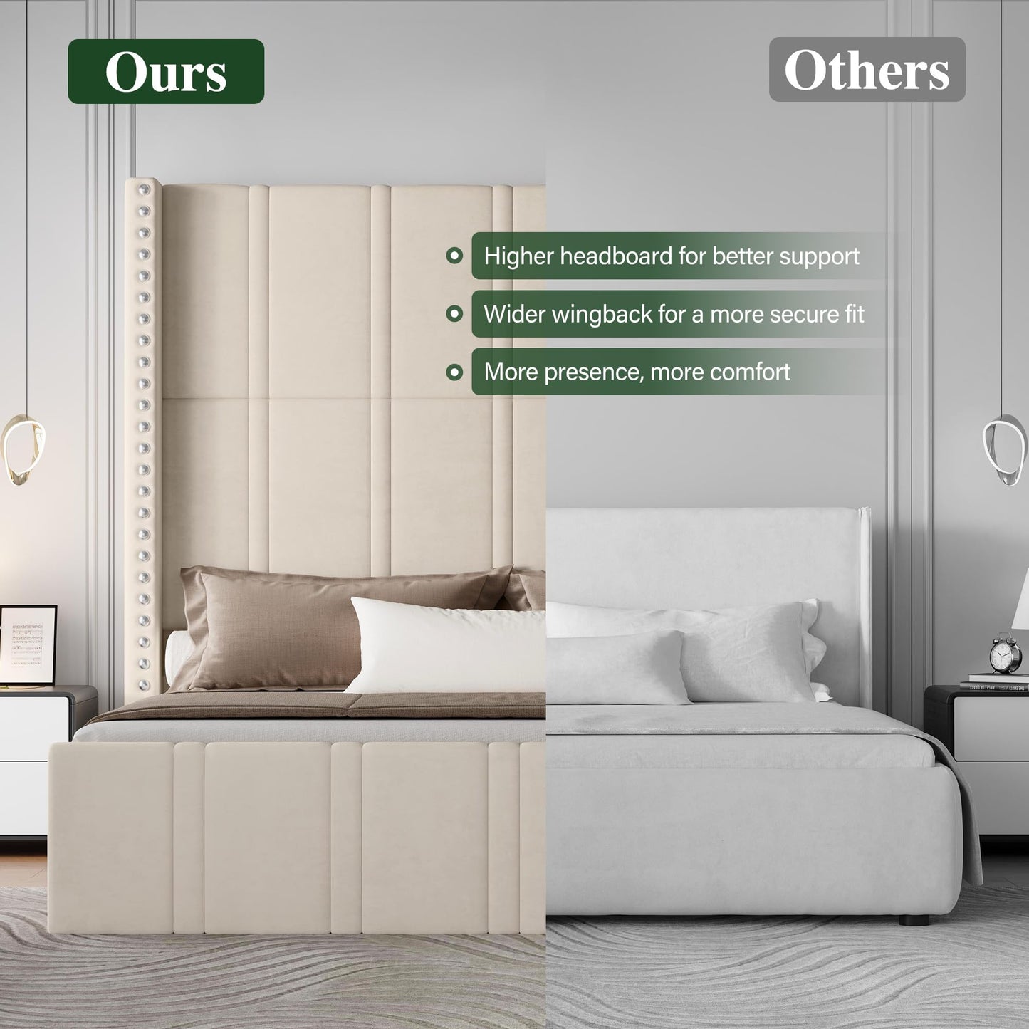 Uteeran Queen Bed Frame with 65.75" Tall Headboard, Luxury Velvet Upholstered Platform Bed with Storage Pockets, Wide Wingback Design, Noise-Free, Easy Assembly, No Box Spring Needed, Beige