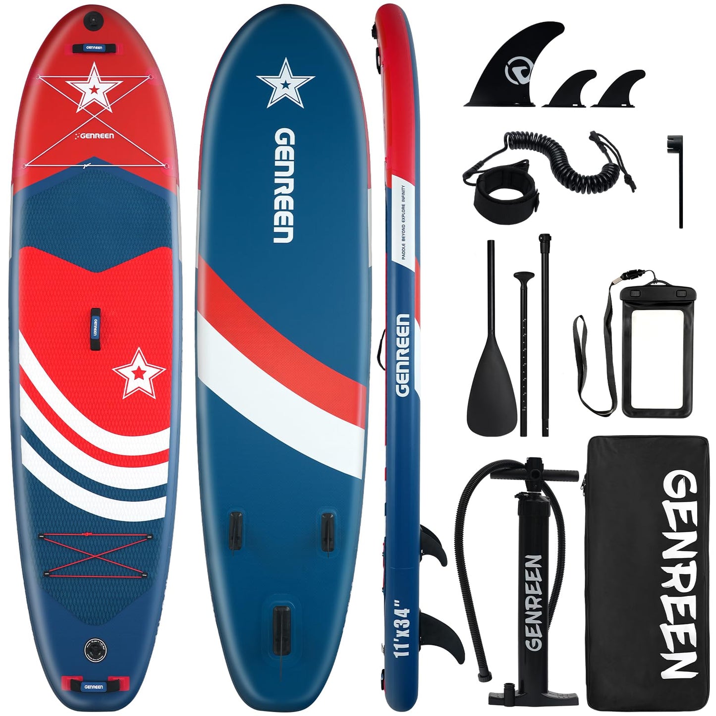 Genreen Stand up Paddle Board Inflatable 11'34'' Navy Blue Red Extremely Stable Thickened PVC 3 Fins 450LBS Capacity 3 People Tie-Downs2 Double Layer