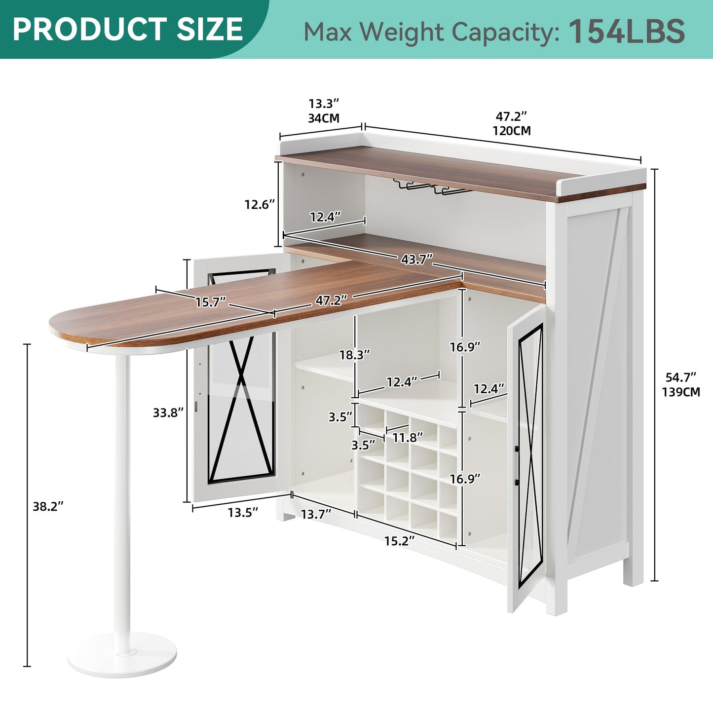 YITAHOME Mini Bar Unit for Home with LED Light & Wine Bar Cabinet, Large Tall Height Bar Table with Wine Rack, Farmhouse Coffee Station with Storage Glasses Hanger for Kitchen Pub, Walnut & White