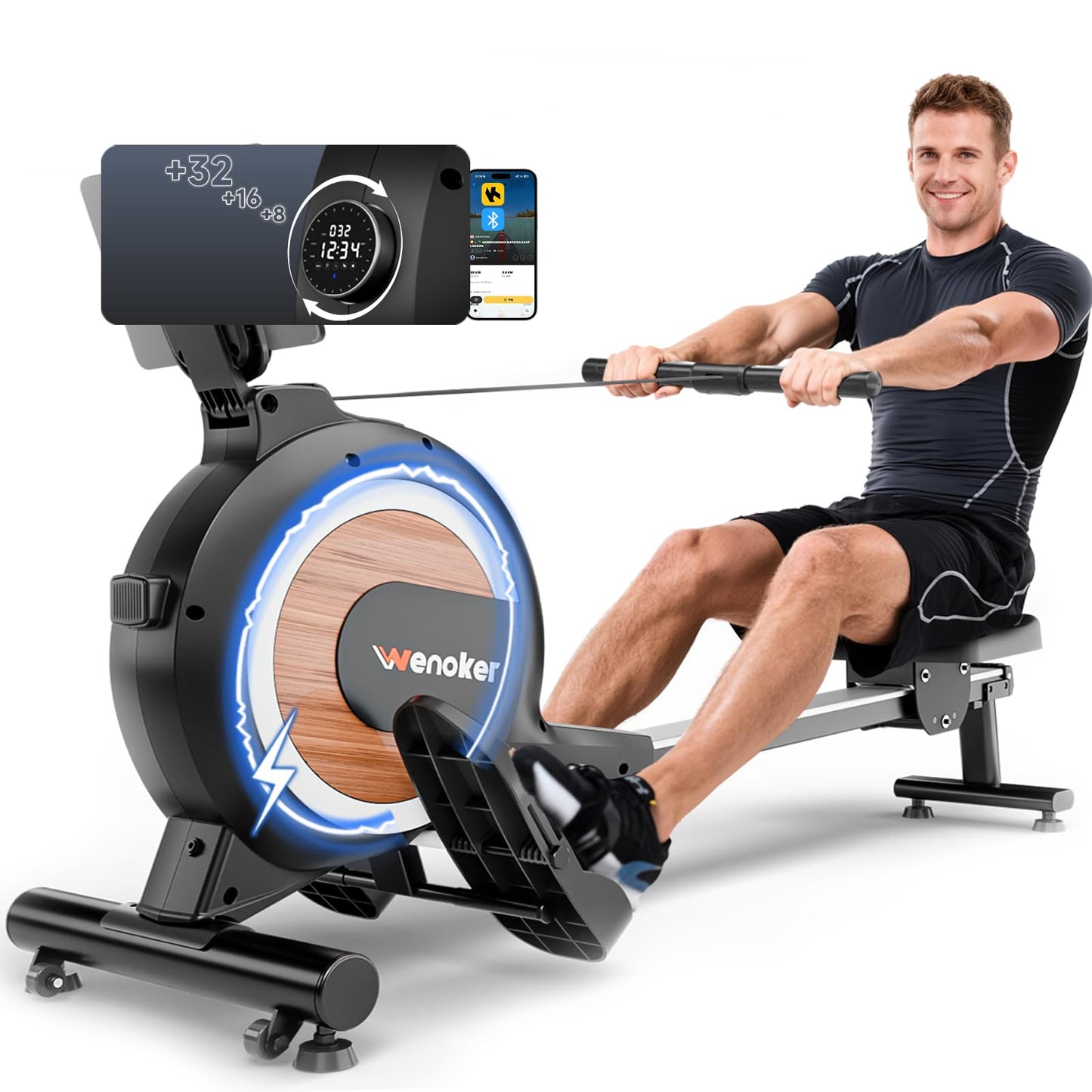 WENOKER Rowing Machine, Magnetic Rowing Machine for Home, Upgraded 32-Levels Resistance with Smart Electronic Knob, 350 LBS Weight Capacity, Compact Rower Machine Easy Assembly, App Supported
