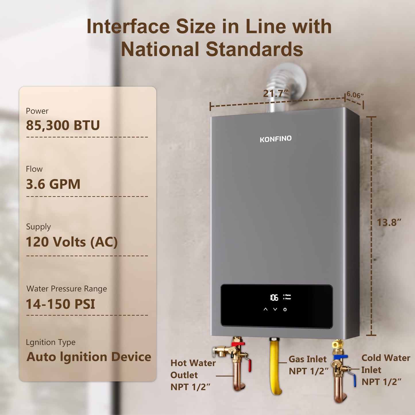 Konfino Indoor Natural Gas Tankless Water Heater - Up to 3.6 GPM, 85,300 BTU for 2-3 Water Point Use, On Demand Instant Hot Water Heater with Smart Digital Display, Multi-Protections & Alarm System