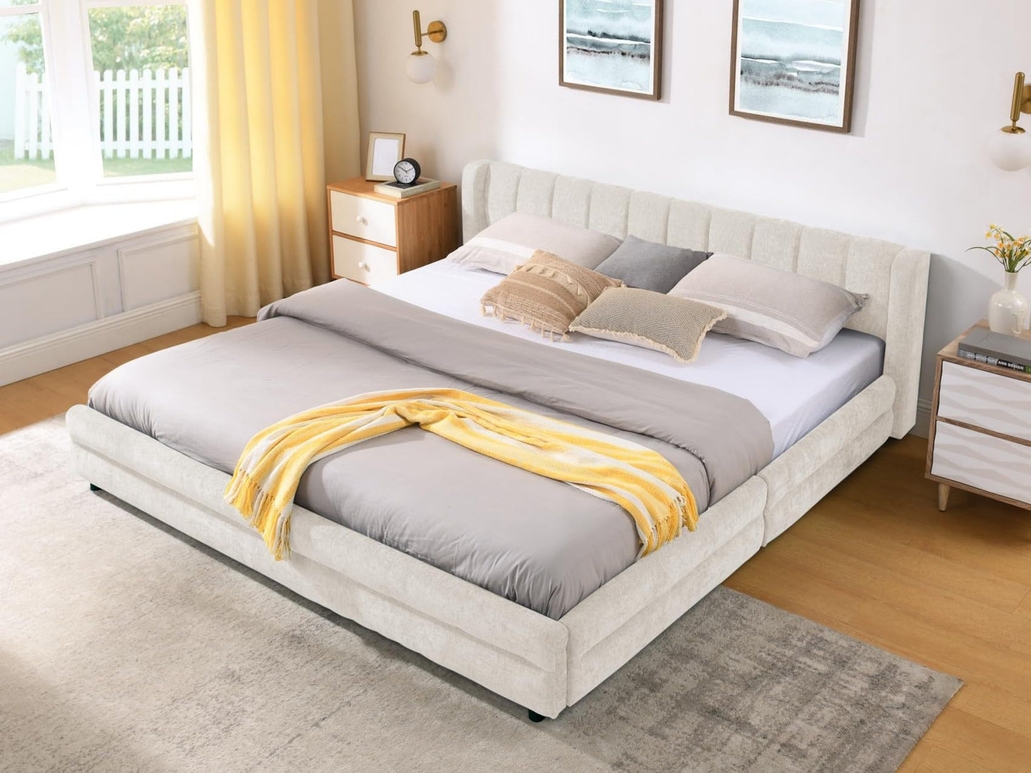 KEIKI Thick Chenille King Bed Frame with 4 Storage Drawer & Upholstered Tufted Cushioned Headboard, Modern Solid Wood Floor Platform Cloud Bed Frame for Bedroom, No Box Spring Needed, Beige