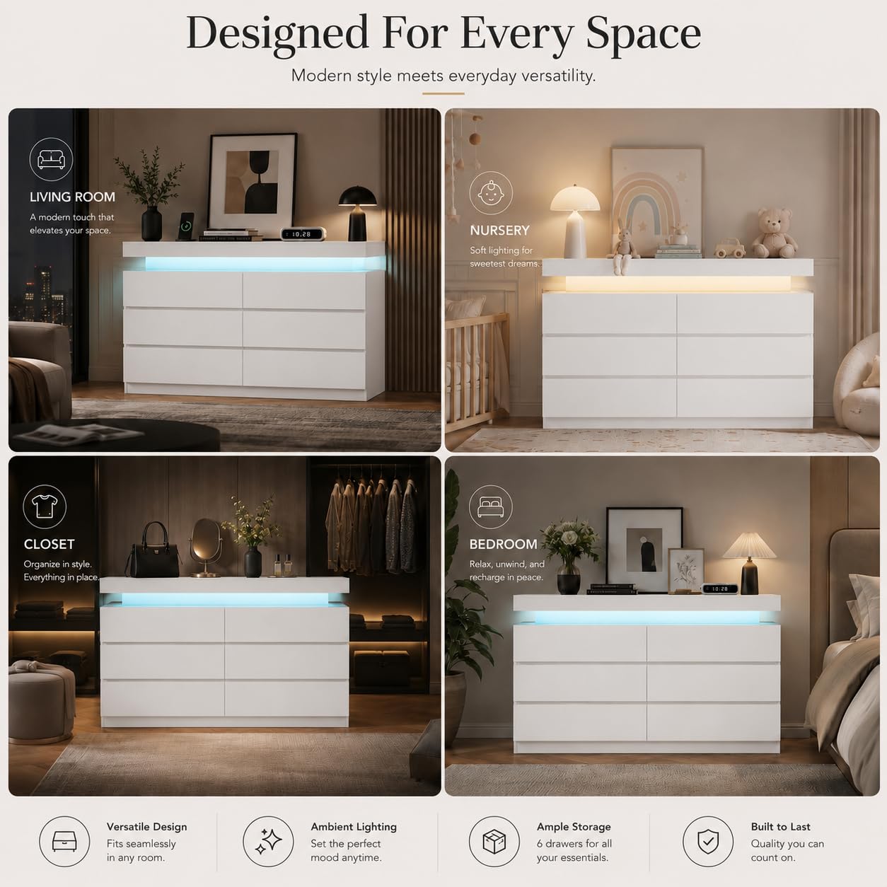 OneBlis 6 Drawer Dresser with LED Lights & Charging Station, Modern Floating White Dresser for Bedroom, Smart Storage Chest with 2 AC Outlets & USB Ports for Living Room, Closet, Entryway