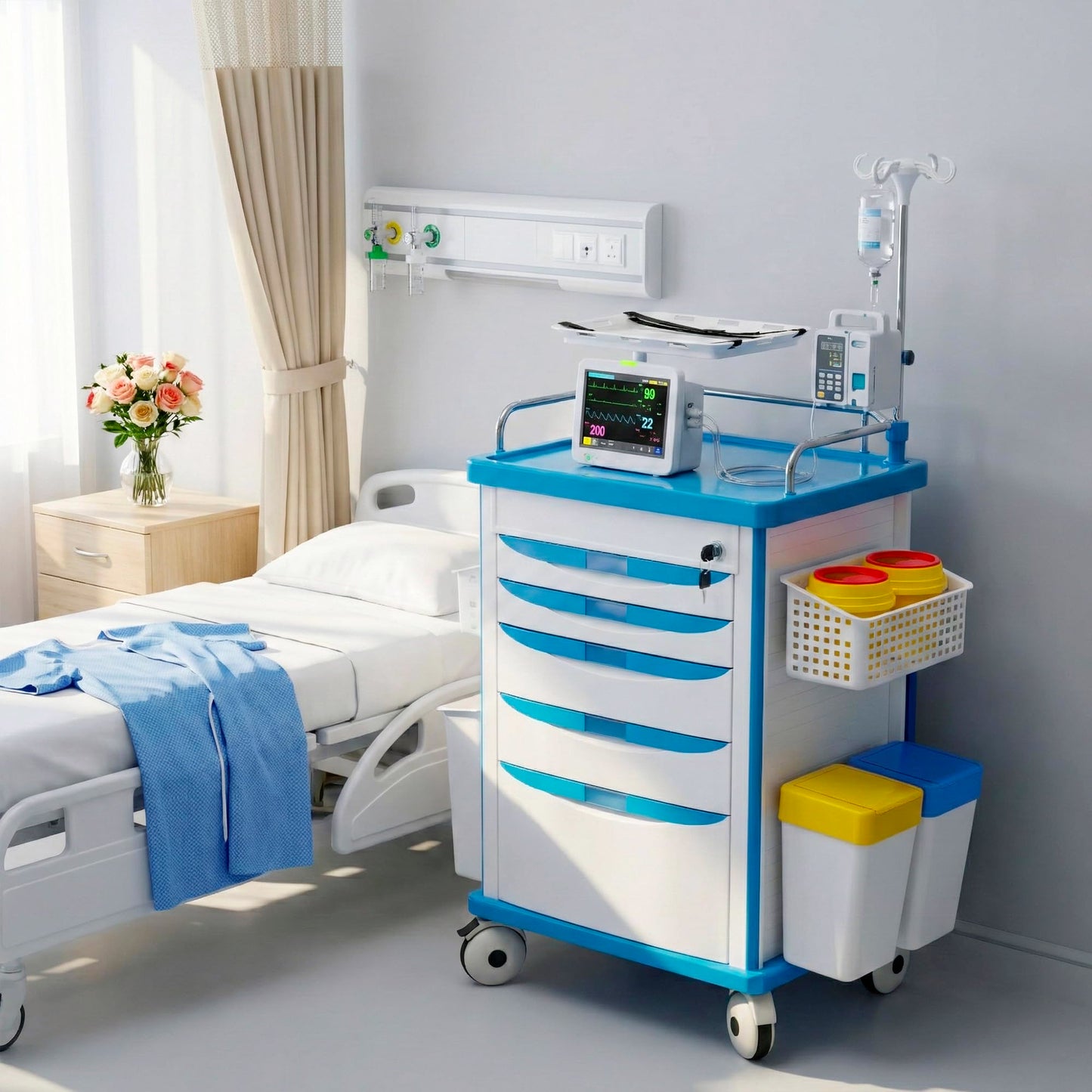 Fuzren Medical Rolling Storage Crash Cart with Wheels, 5-Tier Medical Cart with Drawers, Adjustable IV Pole, Trash Bin & O2 Holder, Needle Disposal Holder, Silent Casters, Ideal for Hospitals (Blue)
