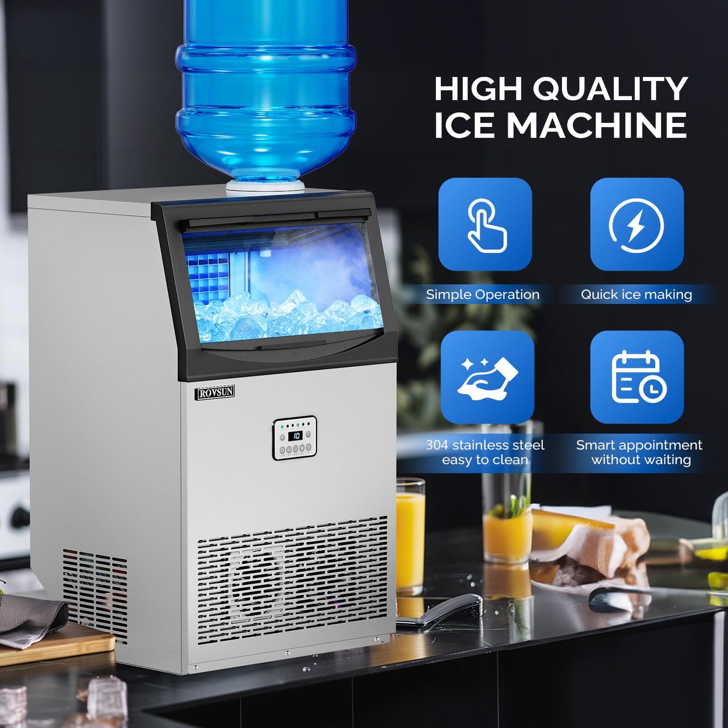 ROVSUN 110LBS/24H Commercial Ice Maker Machine with 50lbs Storage Bin, Freestanding/Countertop Ice Machine with 2 Water Inlets, Ice Scoop & Water Filter for Home Office Restaurant Bar Cafe Use