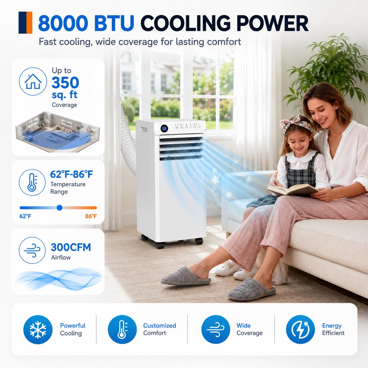 Portable Air Conditioner, 8000 BTU Small Portable AC Unit for Rooms to 350 Sq. Ft. with Cooling, Dehumidifier & Fan Modes, Remote Control, LED Display, 24H Timer, Window Kit, for Bedroom, Office, Dorm