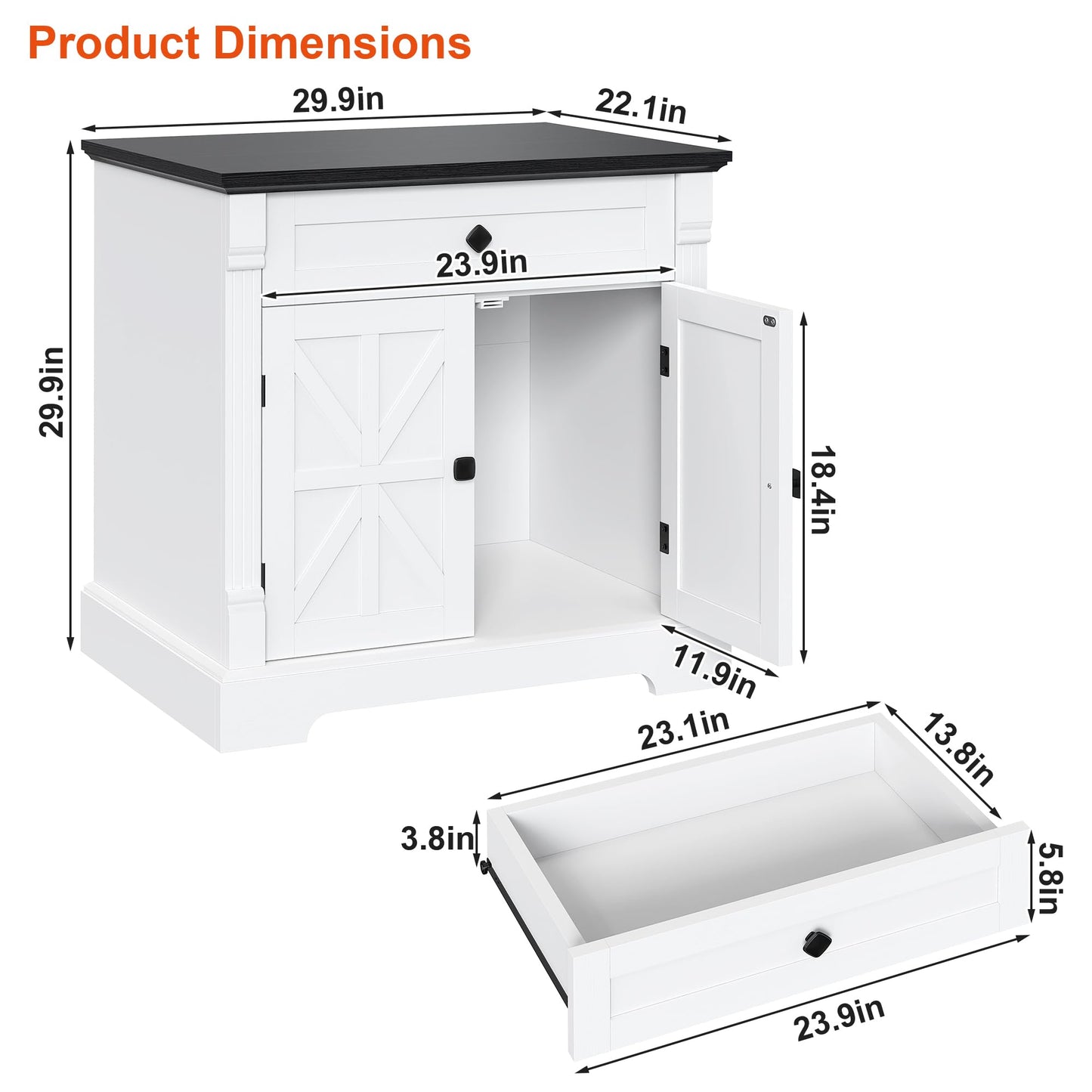 Bigbiglife 29.9" Large Printer Stand, Home Office Printer Cabinet with Drawer & Barn Doors, Wood Accent Cabinet Nightstand End Table for Living Room Bedroom, Black Top & White Finish