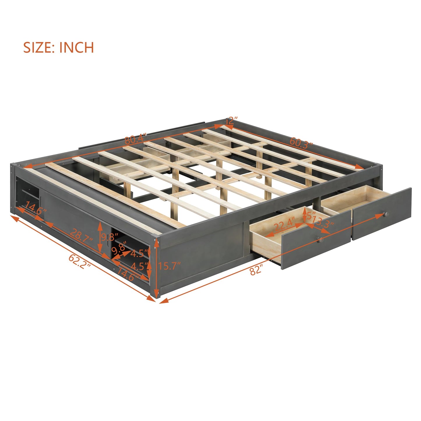 Merax Queen Size Wood Platform Bed with 4 Underbed Drawers and Footboard Storage Cubby, Minimalism Bed Frame with Solid Wooden Slat Support for Bedroom, No Box Spring Needed, Easy Assembly, Gray