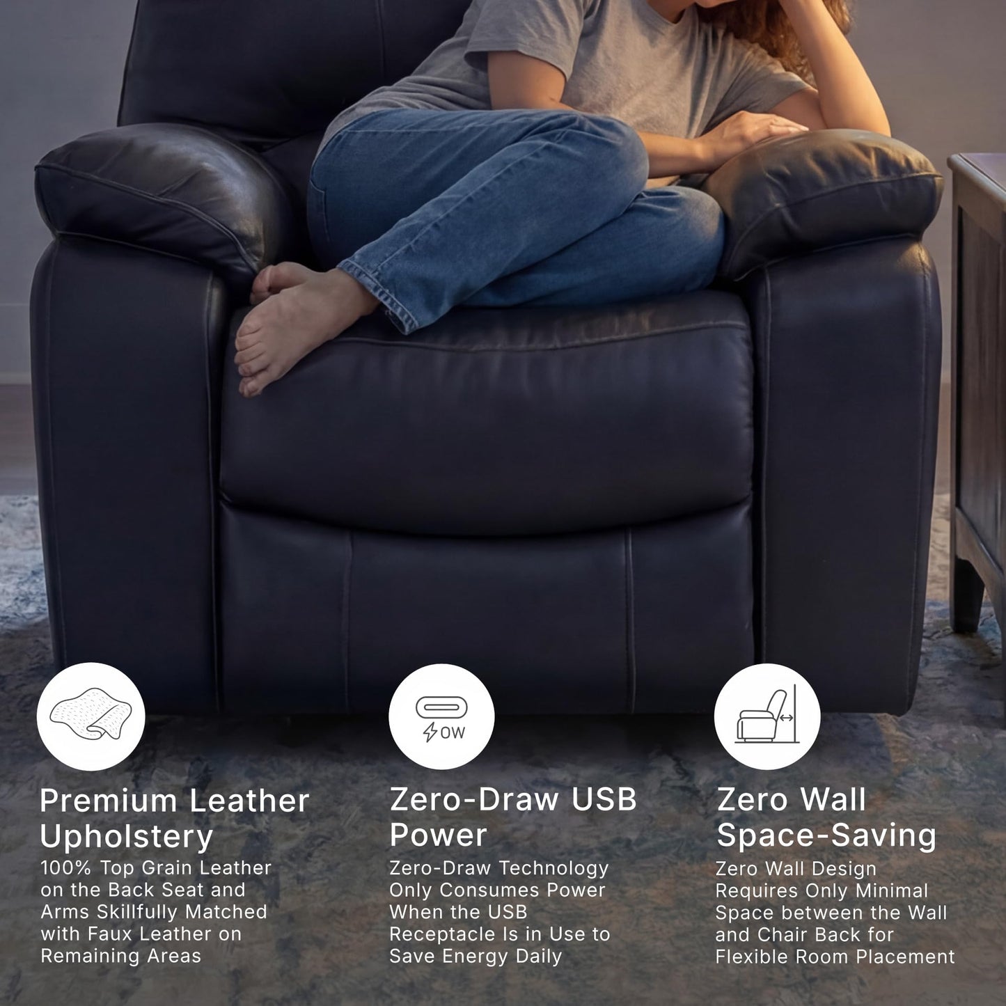 Signature Design By Ashley Leesworth Modern Power Rocker Recliner, USB Port, Gentle Rocking, Top Grain Leather and Matched Leather, 41" W x 41" D x 41" H, Blue