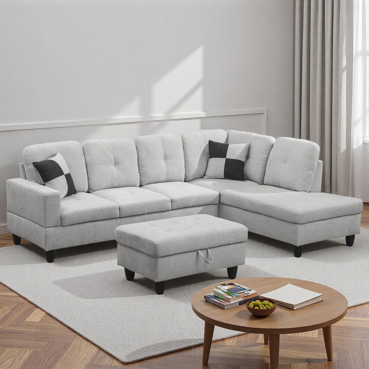 NicBex Sectional Couch 3 Pieces Sofa Set, L-Shaped Modular Couches for Living Room, Furniture Sets with Lounge Chaise & Storage Ottoman, Multi-Scene Use for Apartment & Office, Light Gray
